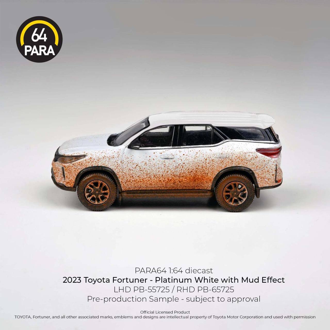 Para64 x Blue and Yellow Diecast Toys 2023 Toyota Fortuner Platinum White With Mud Effect RHD DiecasT