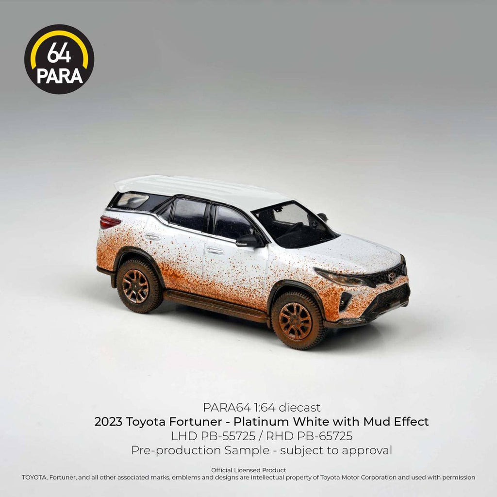 Para64 x Blue and Yellow Diecast Toys 2023 Toyota Fortuner Platinum White With Mud Effect RHD DiecasT