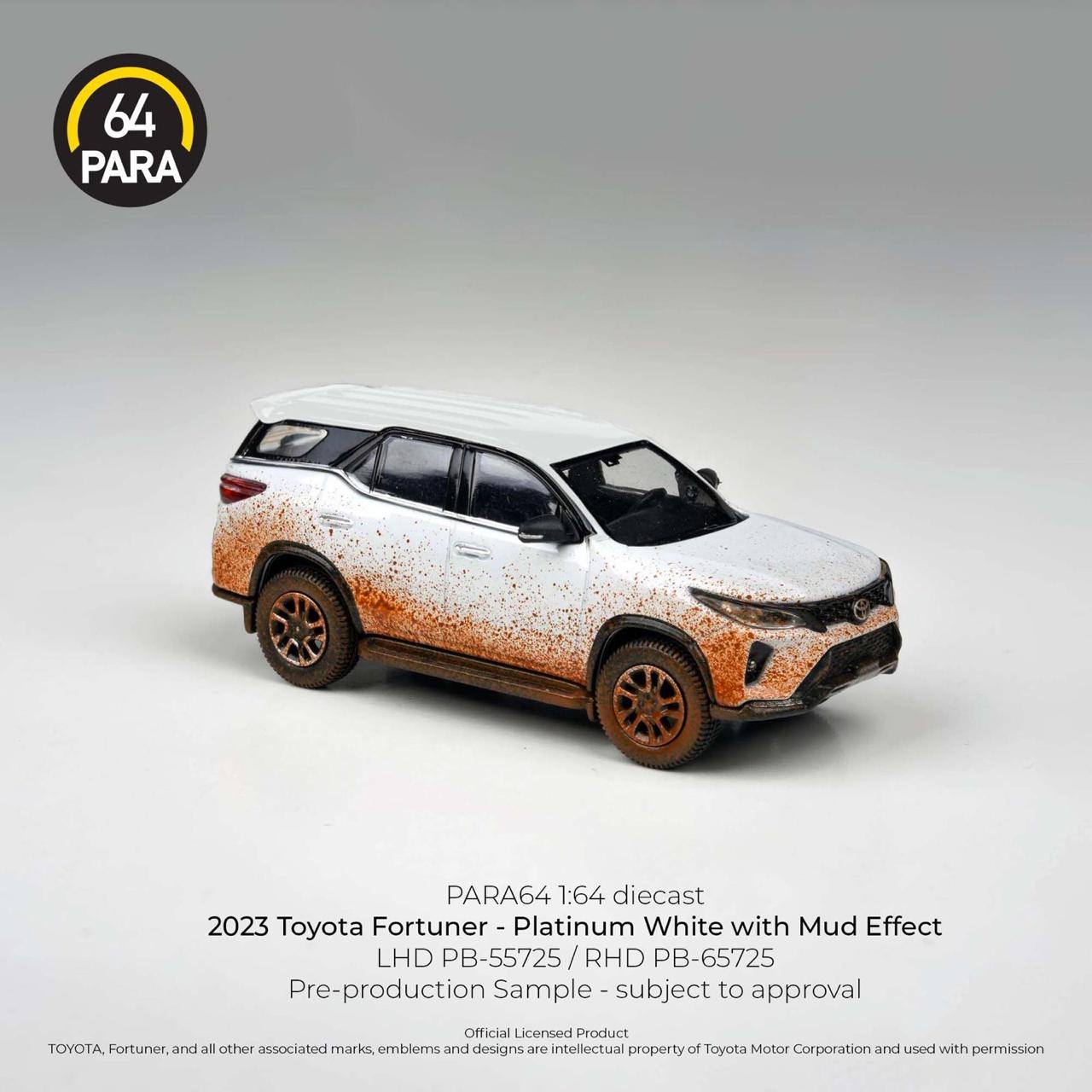 Para64 x Blue and Yellow Diecast Toys 2023 Toyota Fortuner Platinum White With Mud Effect RHD DiecasT
