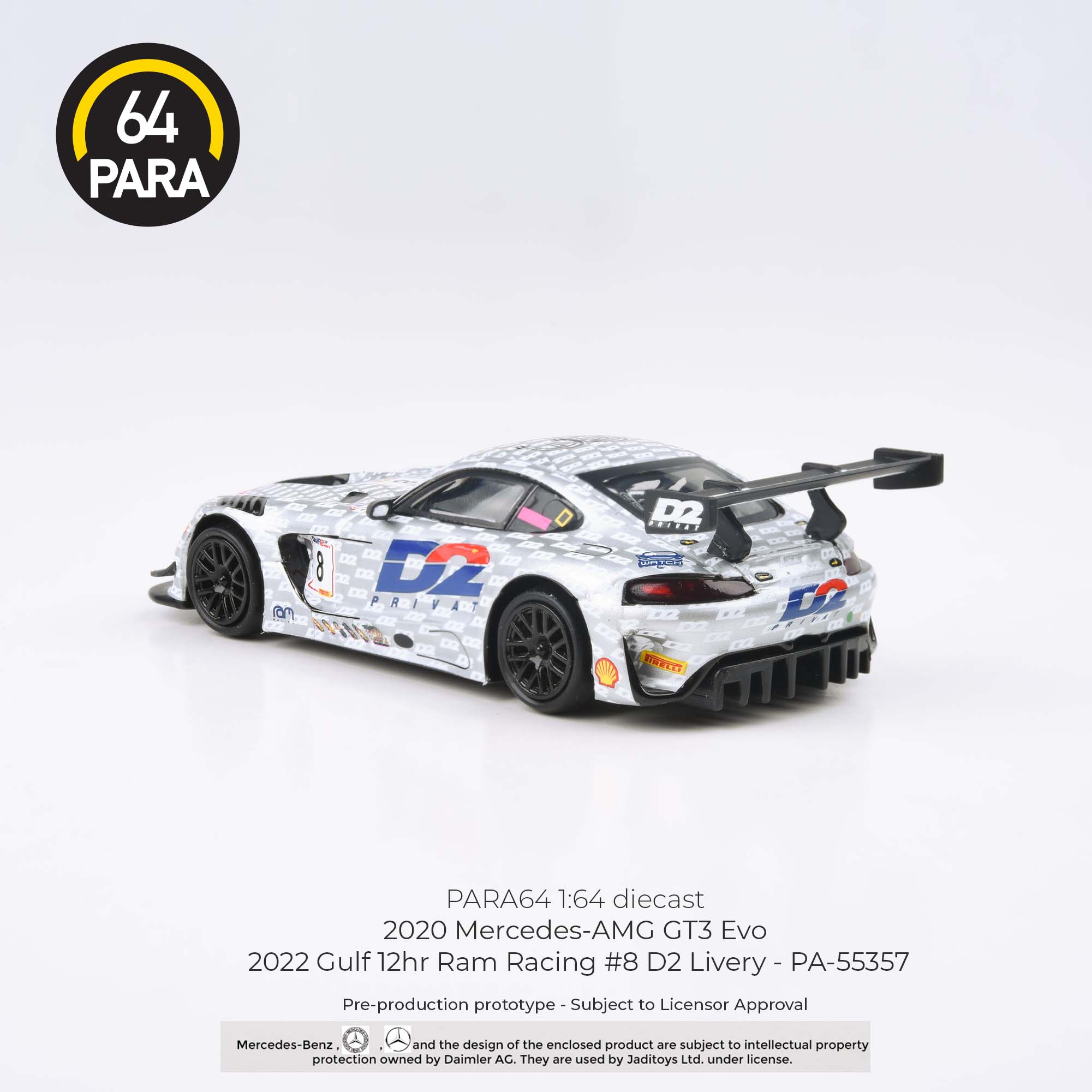 Para64 1/64 2020 Mercedes- AMG GT3 Evo 2022 Gulf 12hr Ram Racing #8 D2 Livery PA-55357 Diecast Scale Model