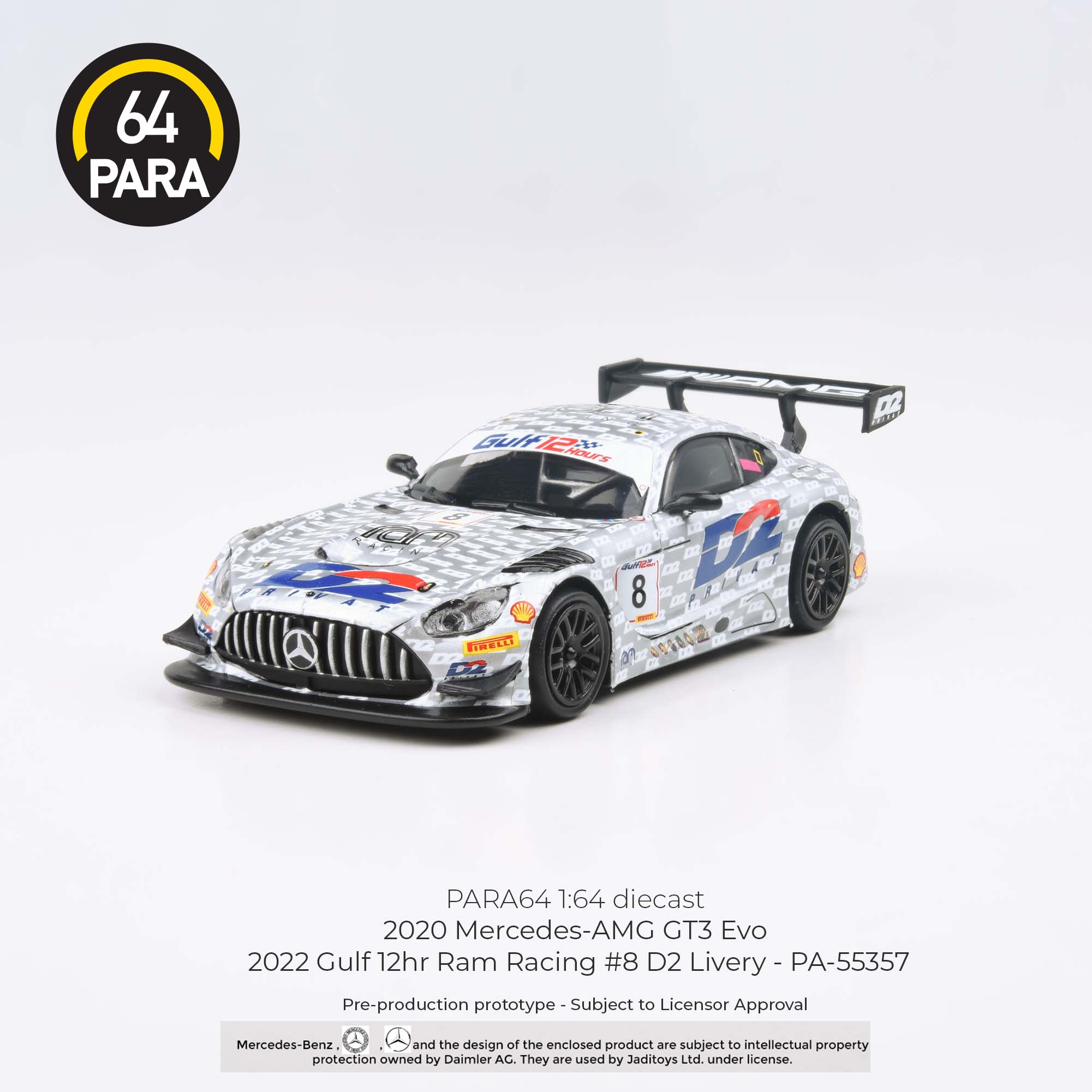 Para64 1/64 2020 Mercedes- AMG GT3 Evo 2022 Gulf 12hr Ram Racing #8 D2 Livery PA-55357 Diecast Scale Model