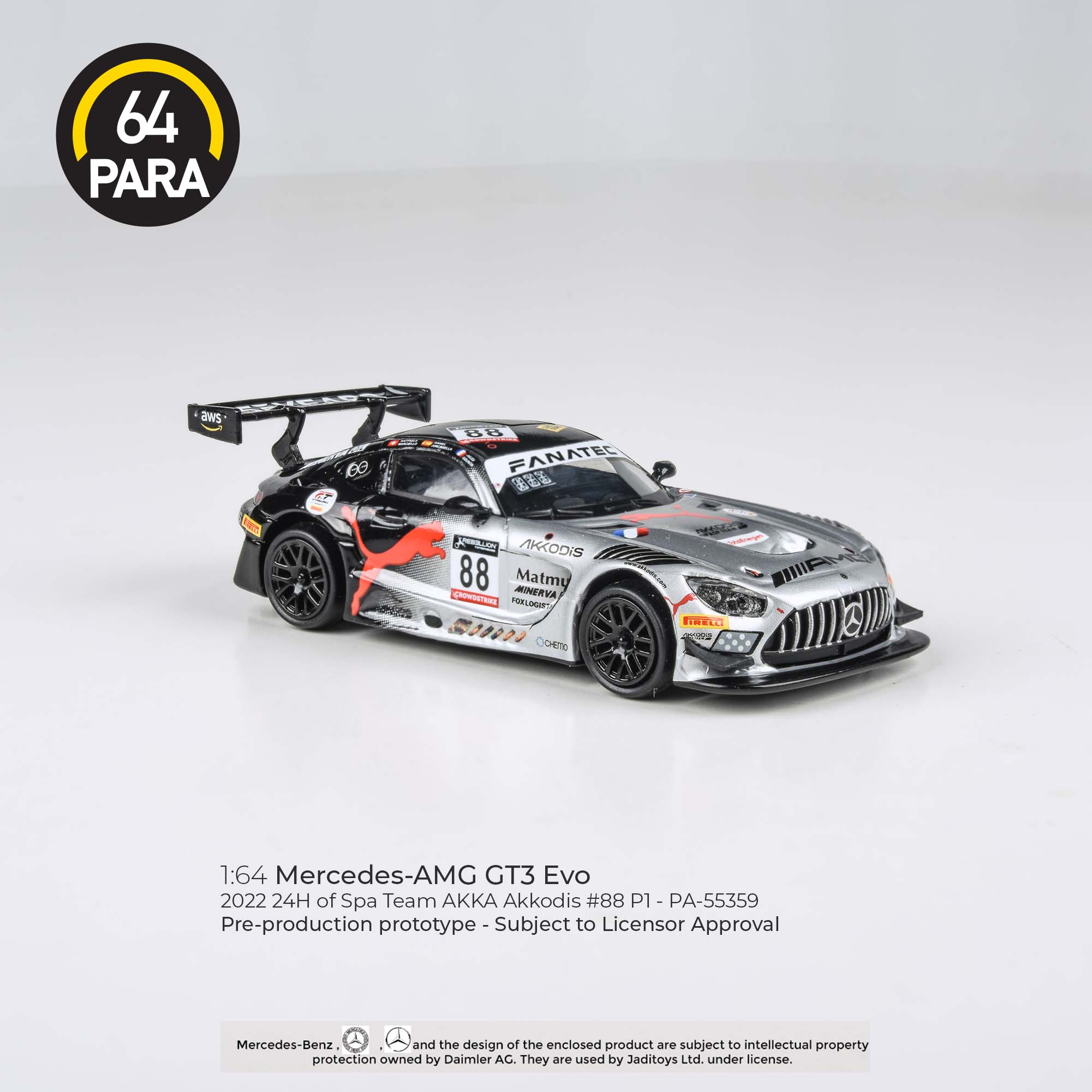 Para64 1/64 Mercedes-AMG GT3 Evo 2022 24H of Spa Team AKKA Akkodis #88P1 - PA-55359 Diecast Scale Model Car