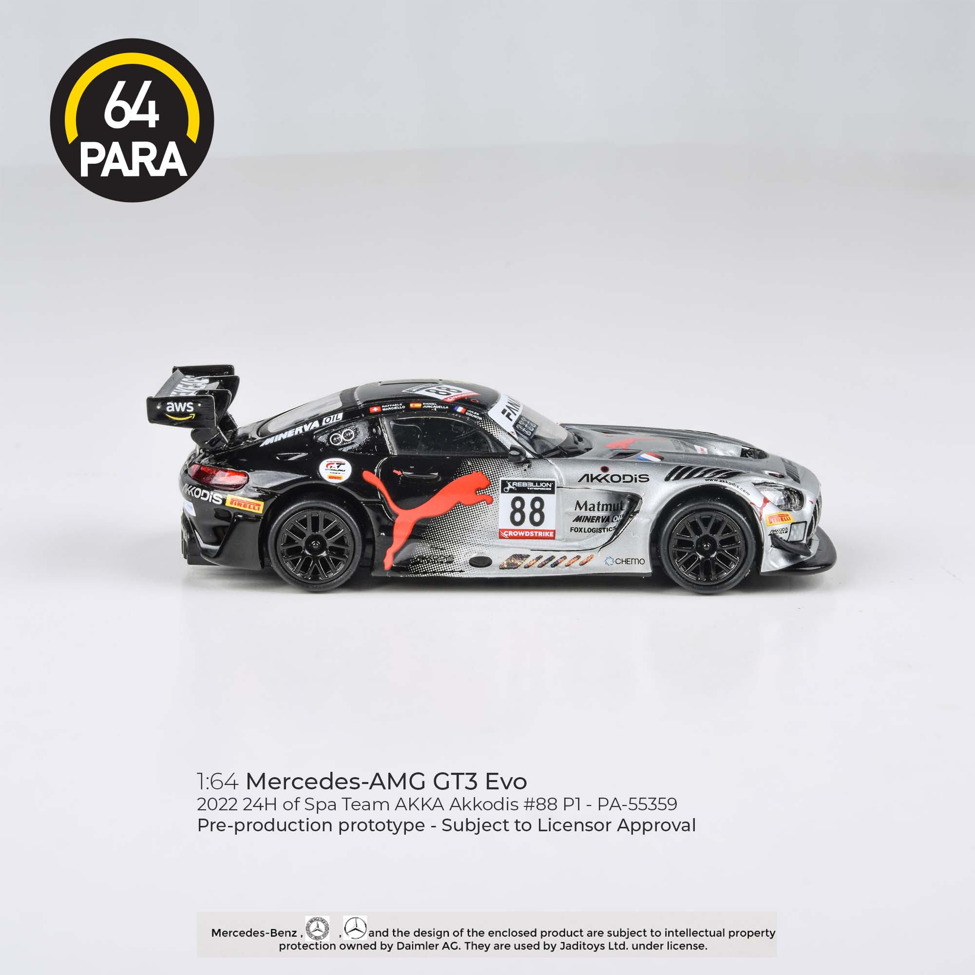 Para64 1/64 Mercedes-AMG GT3 Evo 2022 24H of Spa Team AKKA Akkodis #88P1 - PA-55359 Diecast Scale Model Car