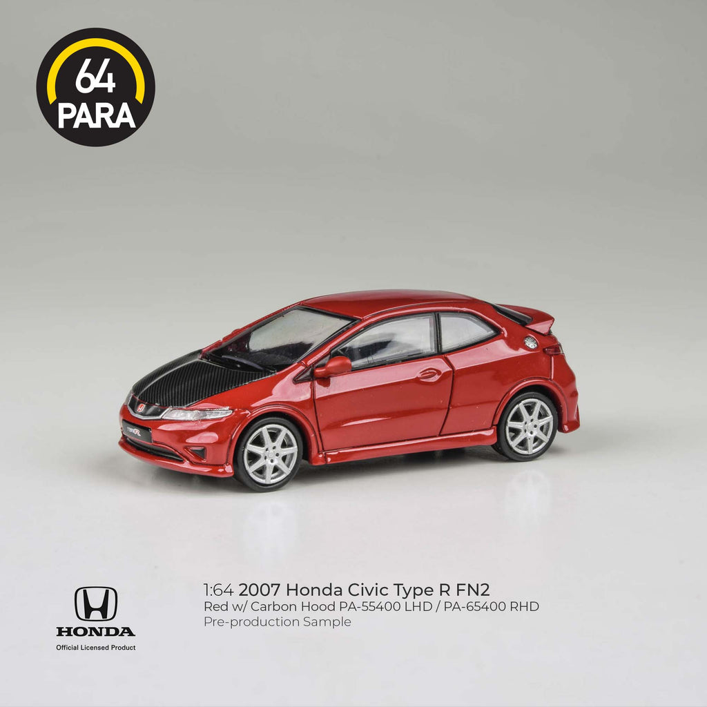 Para64 1/64 2007 Honda Civic Type R FN2 Red w/ Carbon Hood PA-55400 LHD Diecast Scale Model Toy Car