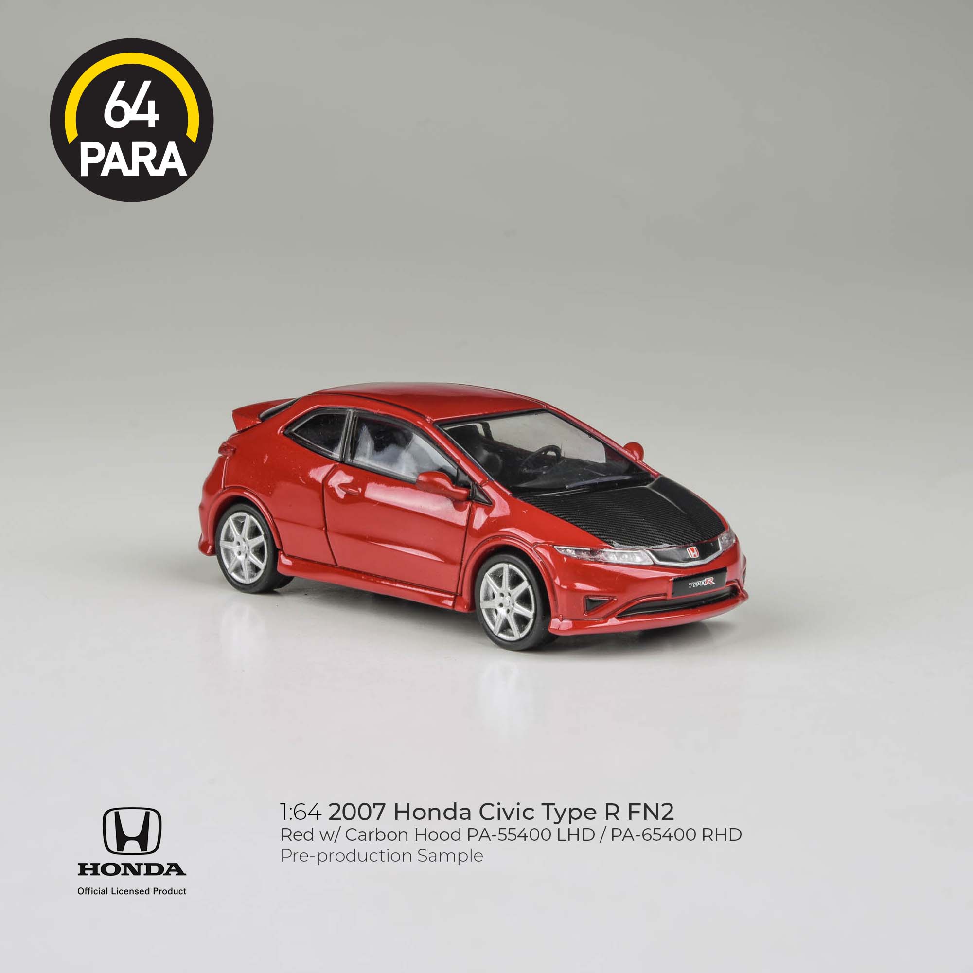 Para64 1/64 2007 Honda Civic Type R FN2 Red w/ Carbon Hood PA-55400 LHD Diecast Scale Model Toy Car
