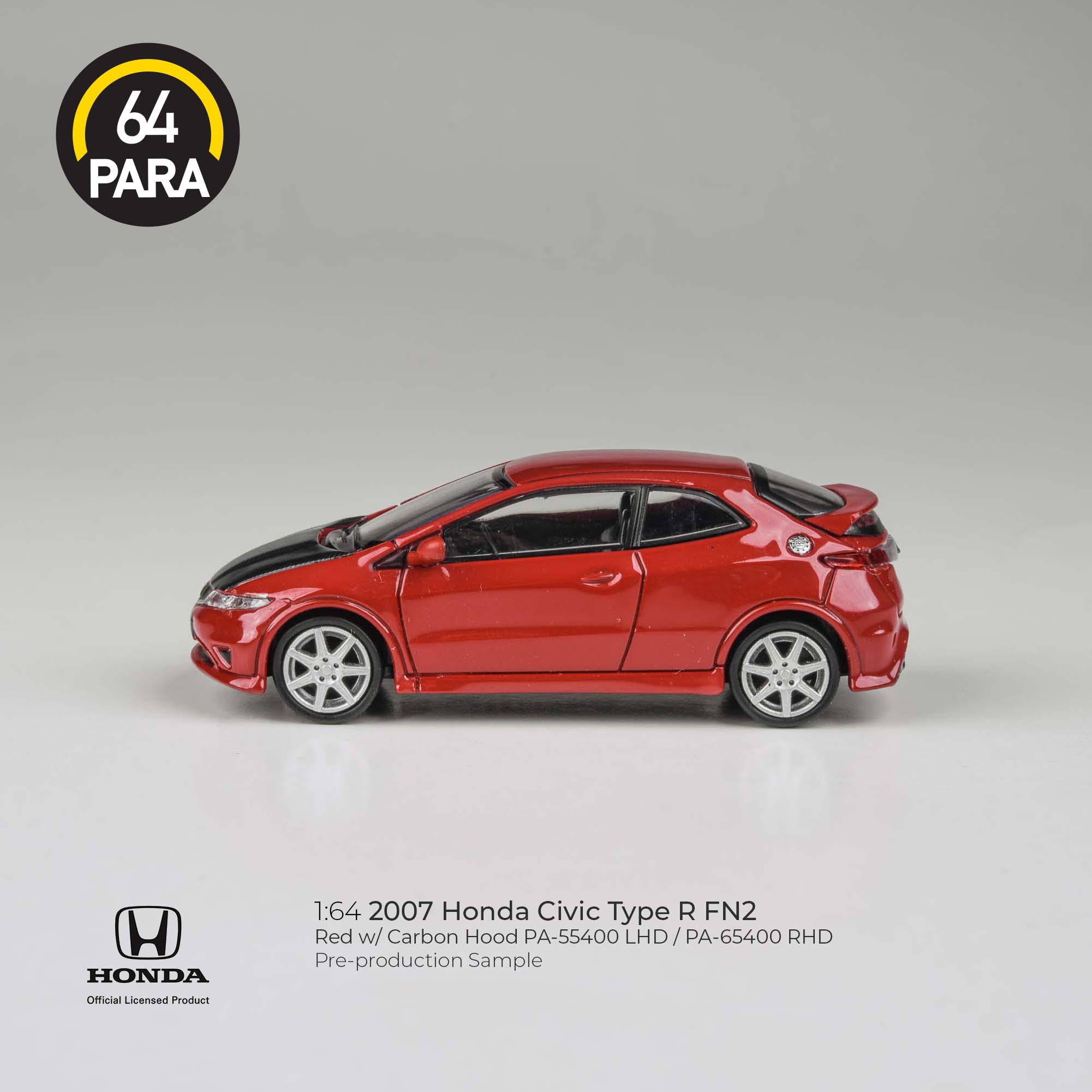 Para64 1/64 2007 Honda Civic Type R FN2 Red w/ Carbon Hood PA-55400 LHD Diecast Scale Model Toy Car