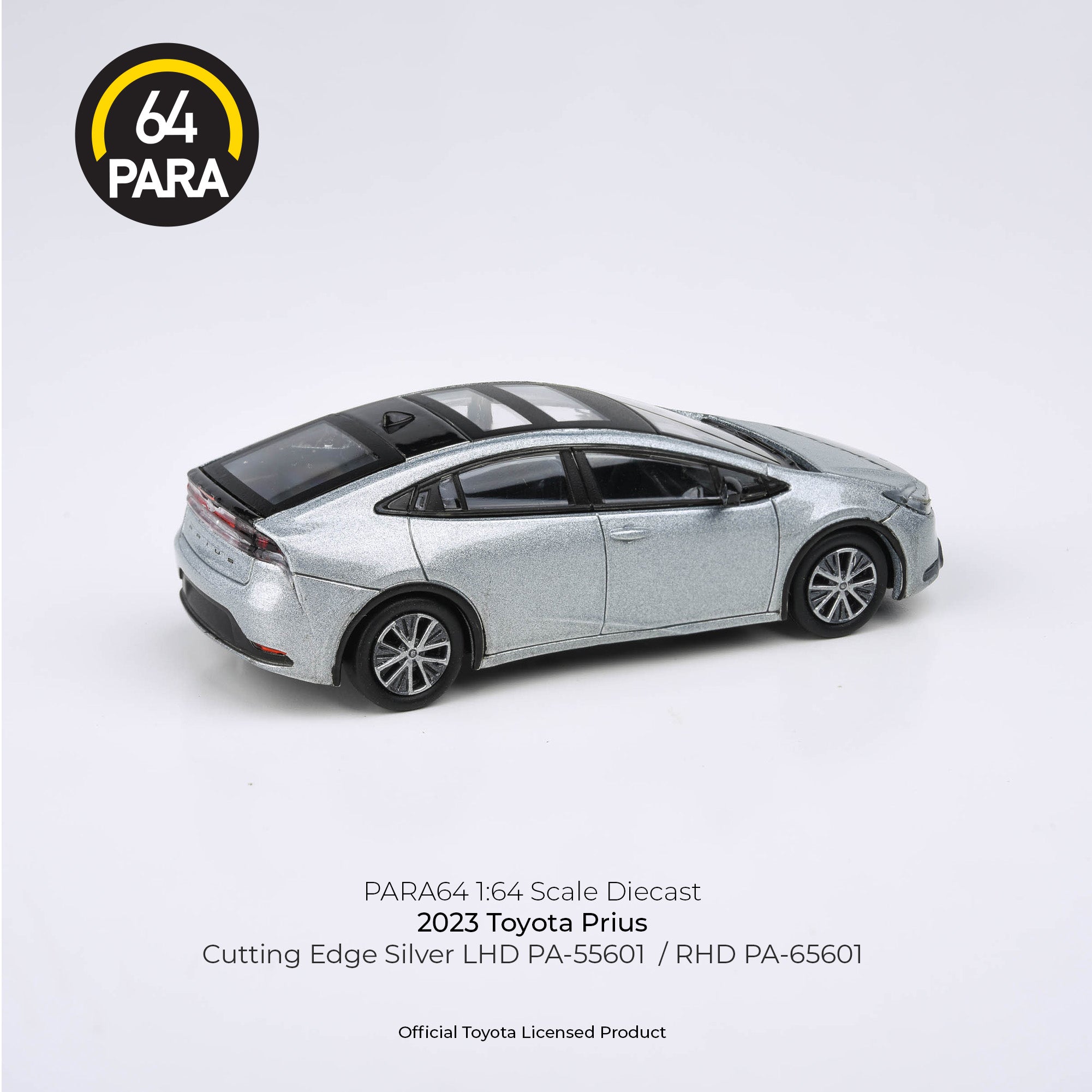 Para64 1/64 2023 Toyota Prius Cutting Edge Silver LHD PA-55601 Diecast Scale Mode
