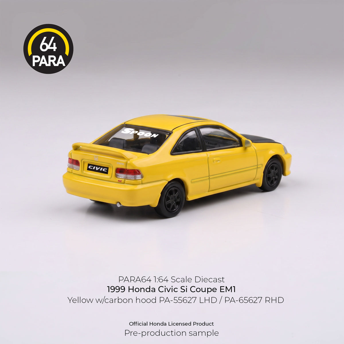 [PRE ORDER] Para64 1/64 1999 Honda Civic Coupe EM1 Yellow with Carbon hood PA55627 Diecast Scale Model Car