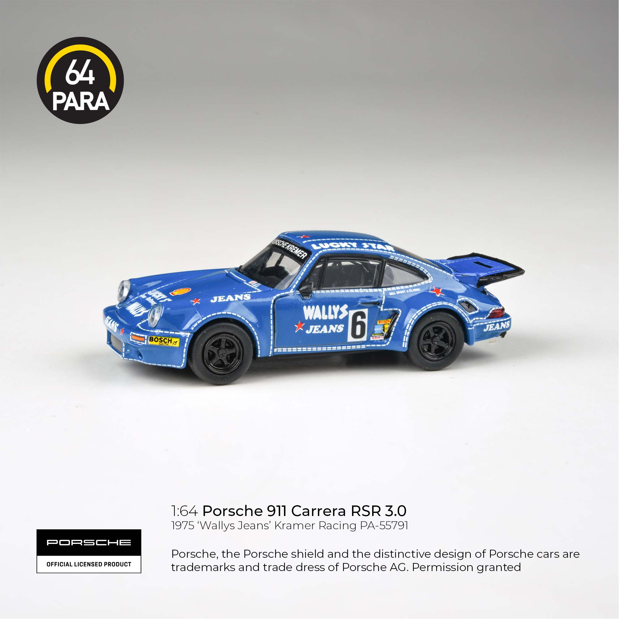 Para64 1/64 Porsche 911 Carrera RSR 3.0 1975 'Wallys Jean' Kramer Racing PA-55791 Diecast Scale Model Toy Car
