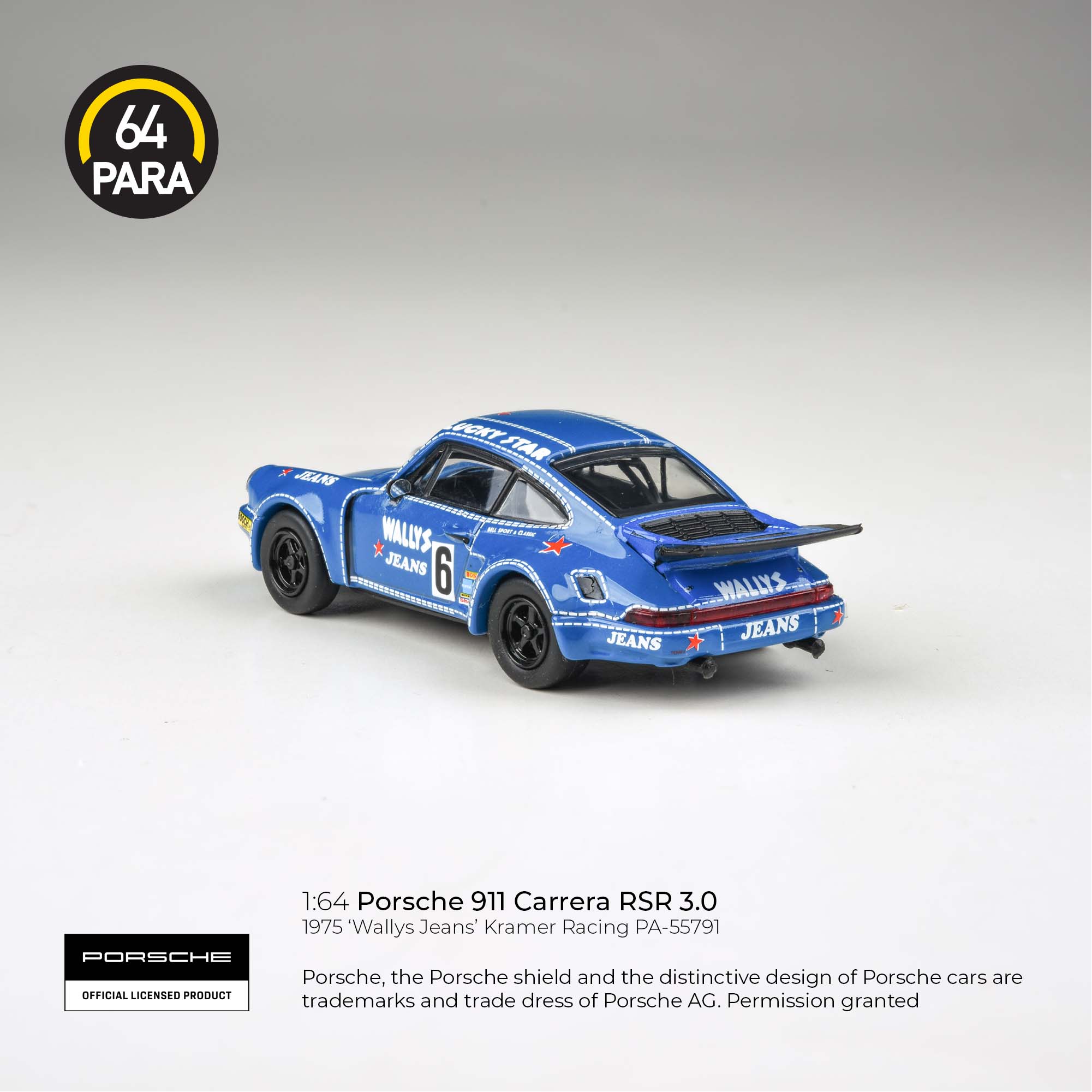 Para64 1/64 Porsche 911 Carrera RSR 3.0 1975 'Wallys Jean' Kramer Racing PA-55791 Diecast Scale Model Toy Car