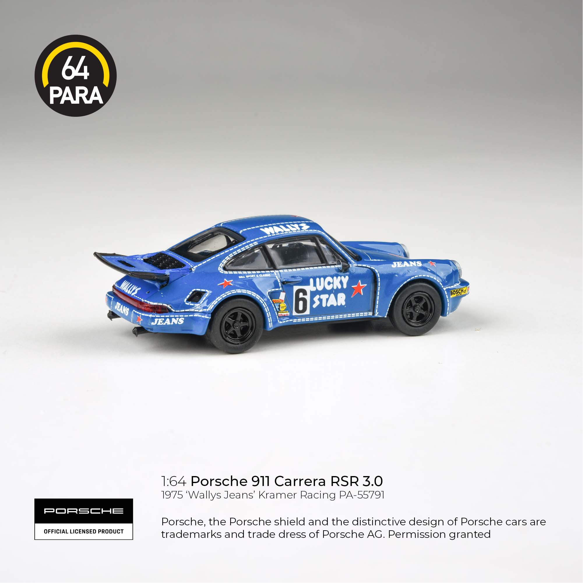 Para64 1/64 Porsche 911 Carrera RSR 3.0 1975 'Wallys Jean' Kramer Racing PA-55791 Diecast Scale Model Toy Car