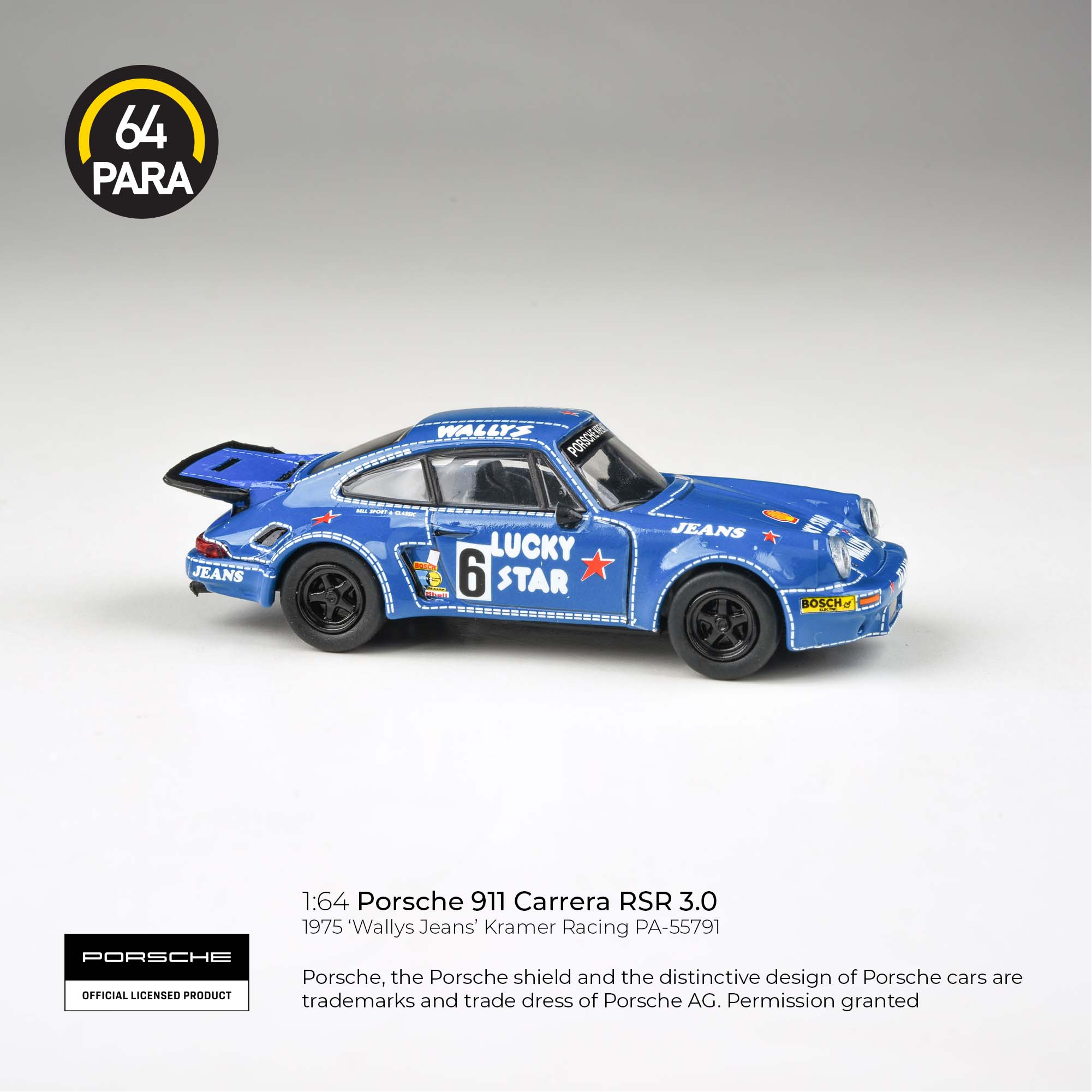 Para64 1/64 Porsche 911 Carrera RSR 3.0 1975 'Wallys Jean' Kramer Racing PA-55791 Diecast Scale Model Toy Car