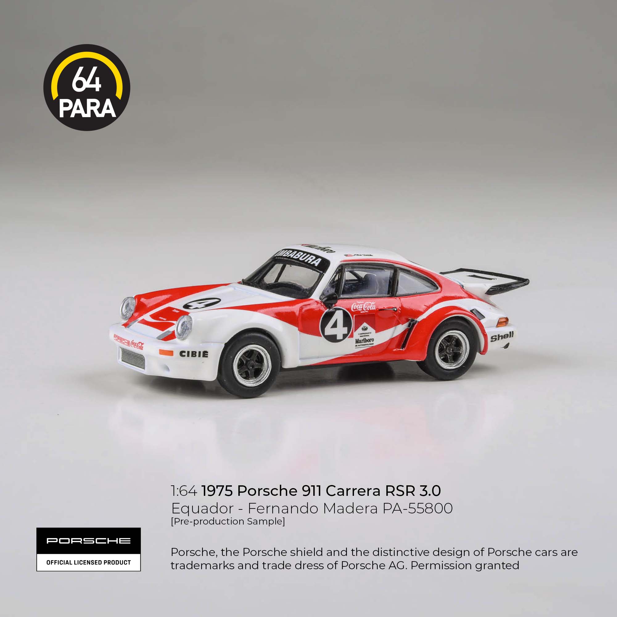 [PRE ORDER] Para64 1/64 1976 Porsche 911 Carrera RSR 3.0 Equador - Fernando Madera PA-55800 Diecast Scale Model Car