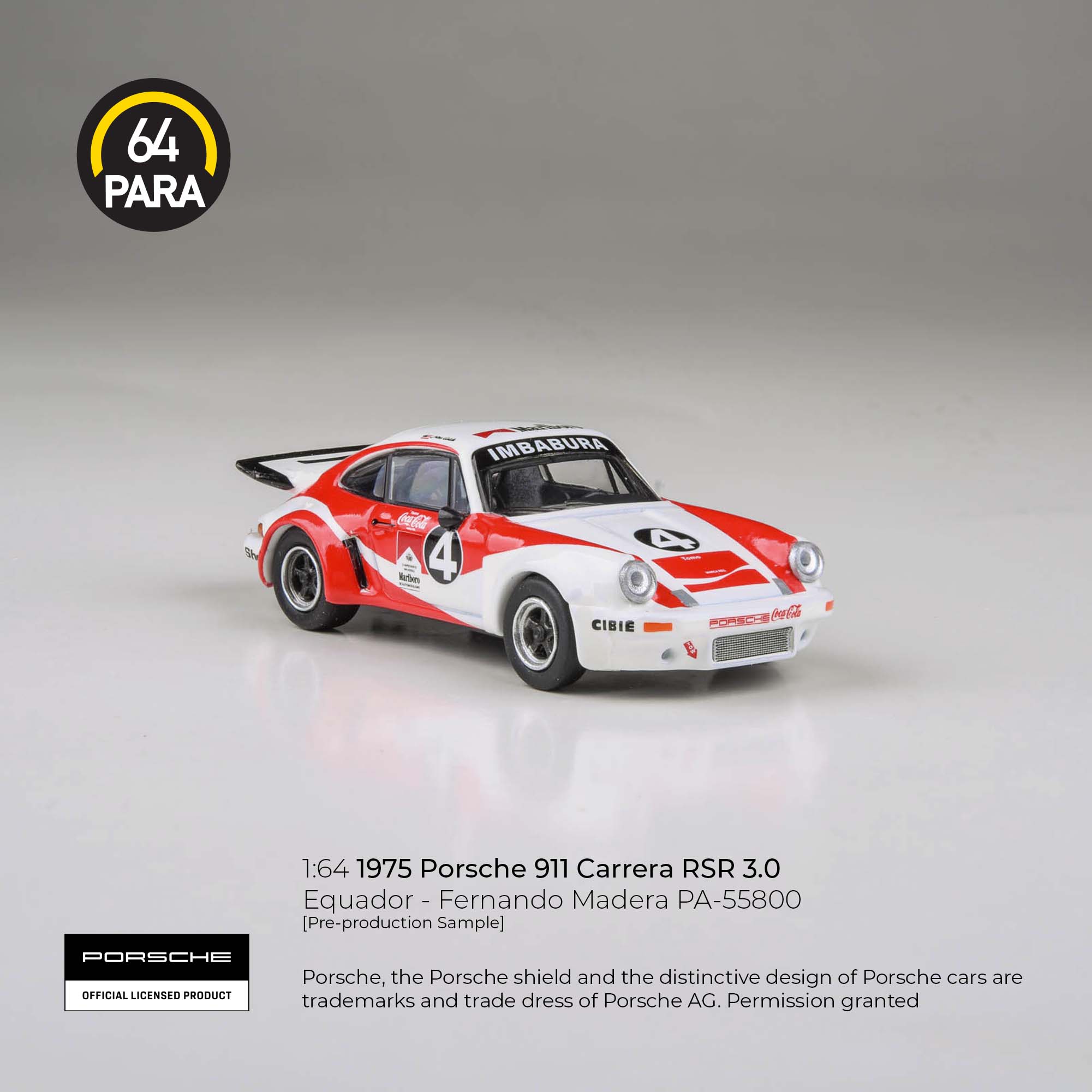 [PRE ORDER] Para64 1/64 1976 Porsche 911 Carrera RSR 3.0 Equador - Fernando Madera PA-55800 Diecast Scale Model Car