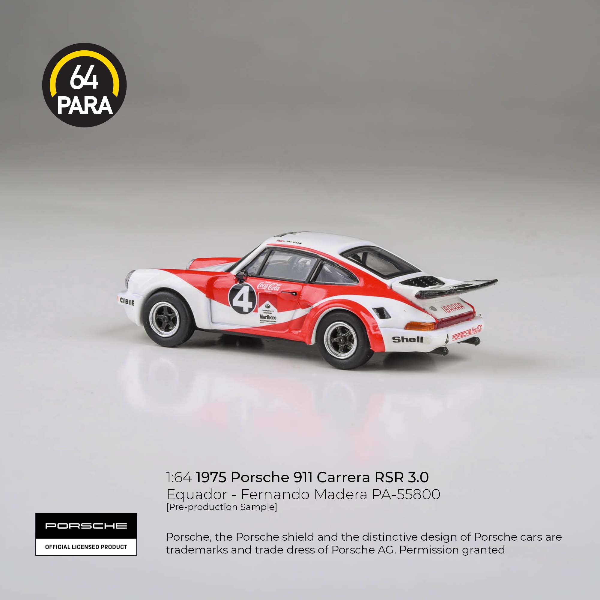 [PRE ORDER] Para64 1/64 1976 Porsche 911 Carrera RSR 3.0 Equador - Fernando Madera PA-55800 Diecast Scale Model Car