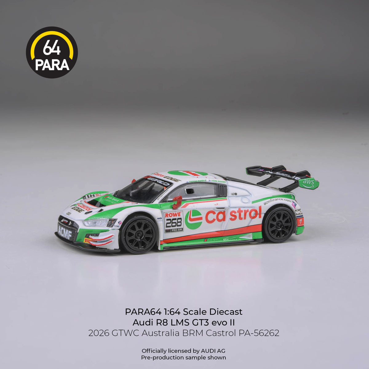 [PRE ORDER] Para64 1/64 Audi R8 LMS GT3 evo II 2026 GTWC Australia BRM Castrol PA56262 Diecast Scale Model Car