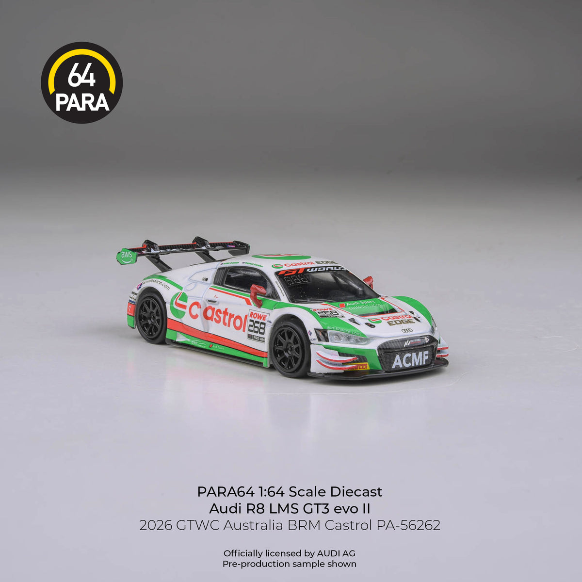 [PRE ORDER] Para64 1/64 Audi R8 LMS GT3 evo II 2026 GTWC Australia BRM Castrol PA56262 Diecast Scale Model Car