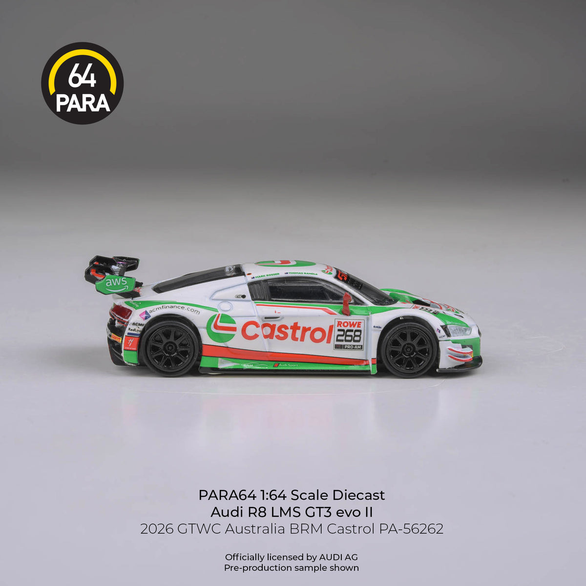 [PRE ORDER] Para64 1/64 Audi R8 LMS GT3 evo II 2026 GTWC Australia BRM Castrol PA56262 Diecast Scale Model Car