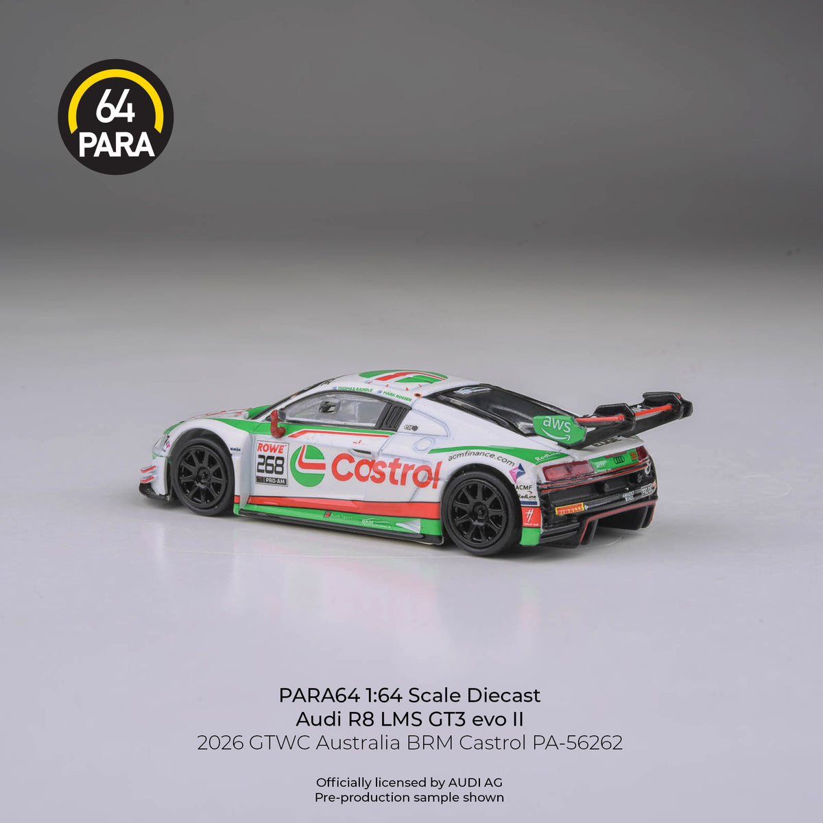 [PRE ORDER] Para64 1/64 Audi R8 LMS GT3 evo II 2026 GTWC Australia BRM Castrol PA56262 Diecast Scale Model Car