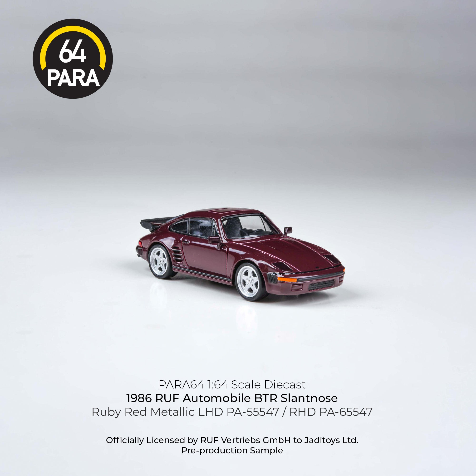 Para64 1/64 1986 RUF Automoblie BTR Slantnose Ruby Red Metallic PA55547 Diecast Scale Model Car
