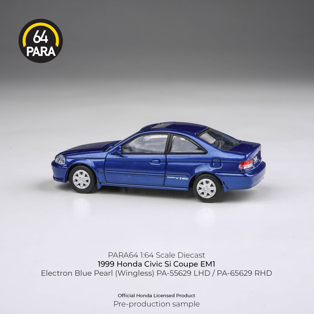 Para64 1/64 1999 Honda Civic Si Coupe EM1 Electron Blue Pearl (Wingless) PA55629 Diecast Scale Model Car