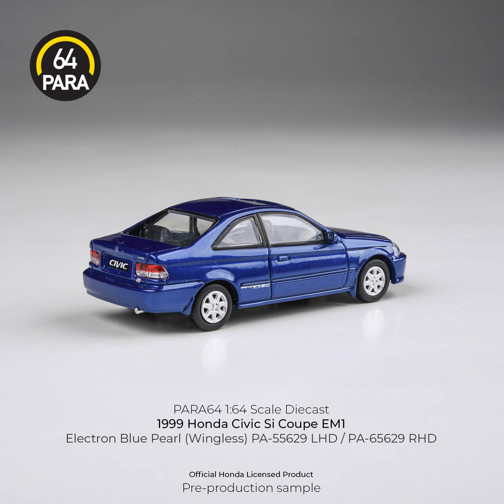 Para64 1/64 1999 Honda Civic Si Coupe EM1 Electron Blue Pearl (Wingless) PA55629 Diecast Scale Model Car