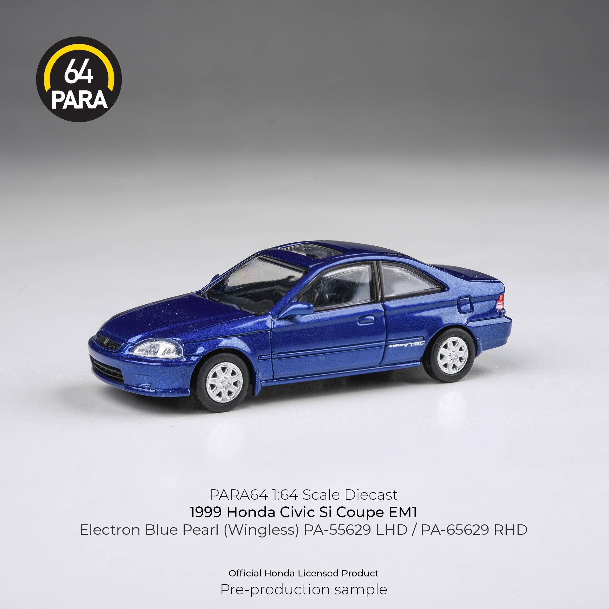 Para64 1/64 1999 Honda Civic Si Coupe EM1 Electron Blue Pearl (Wingless) PA55629 Diecast Scale Model Car