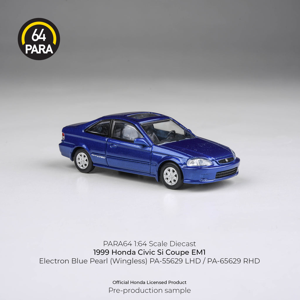 Para64 1/64 1999 Honda Civic Si Coupe EM1 Electron Blue Pearl (Wingless) PA55629 Diecast Scale Model Car