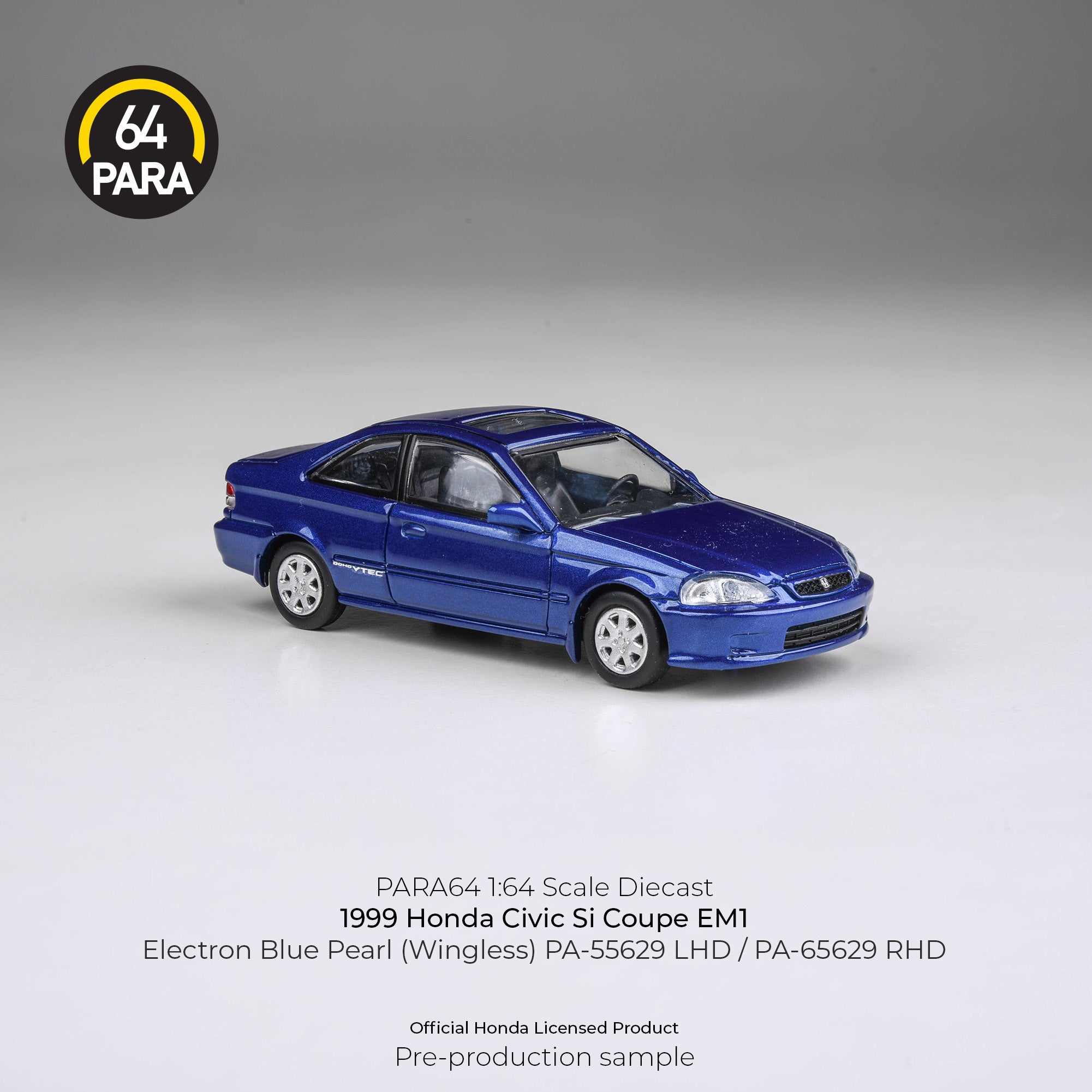 Para64 1/64 1999 Honda Civic Si Coupe EM1 Electron Blue Pearl (Wingless) PA55629 Diecast Scale Model Car