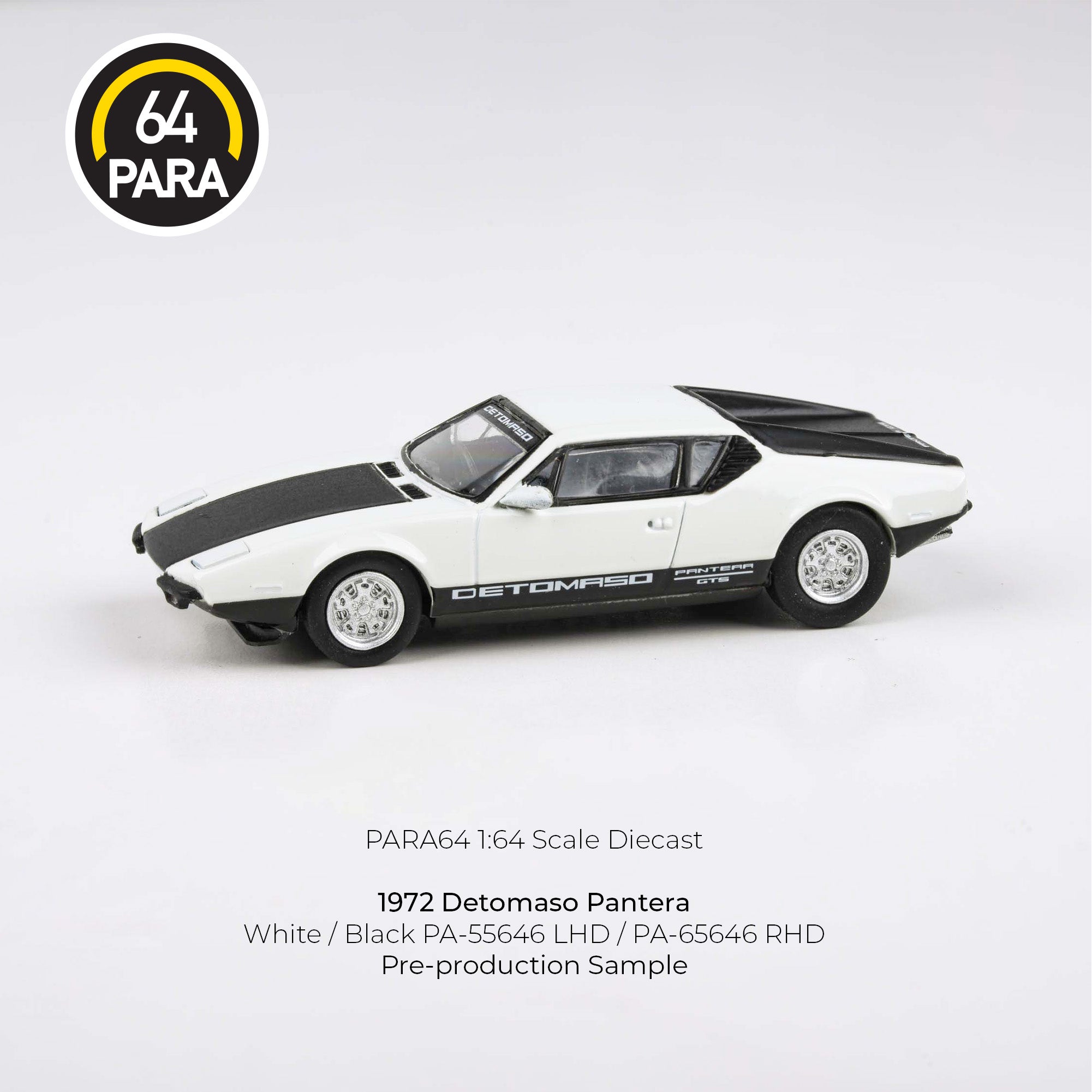 Para64 1/64 1972 Detomaso Pantera White /Black PA55646 Diecast Scale Model Car