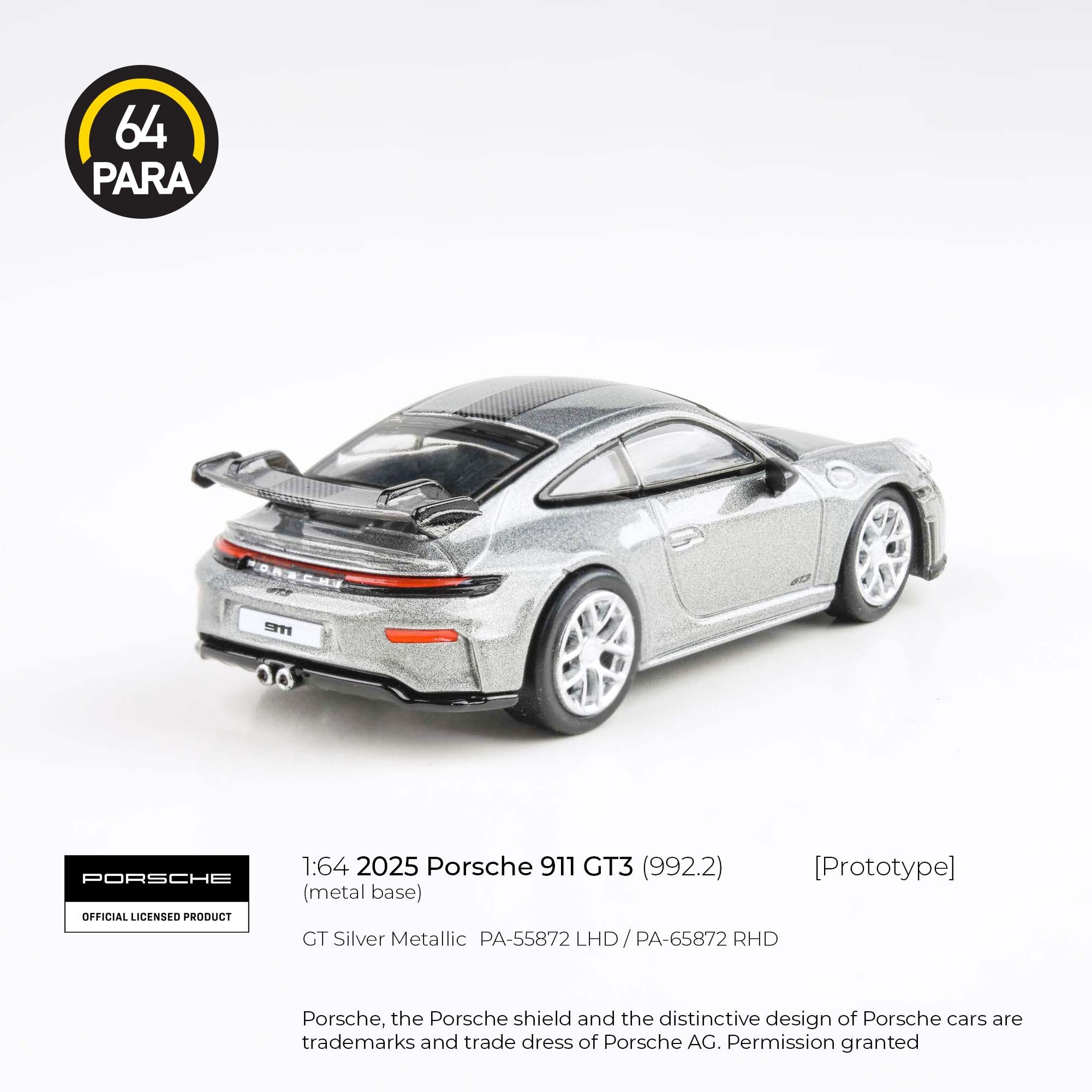 Para64 1/64 2025 Porsche 911 GT3 (992.2) GT Silver Metallic PA55872 Diecast Scale Model Car