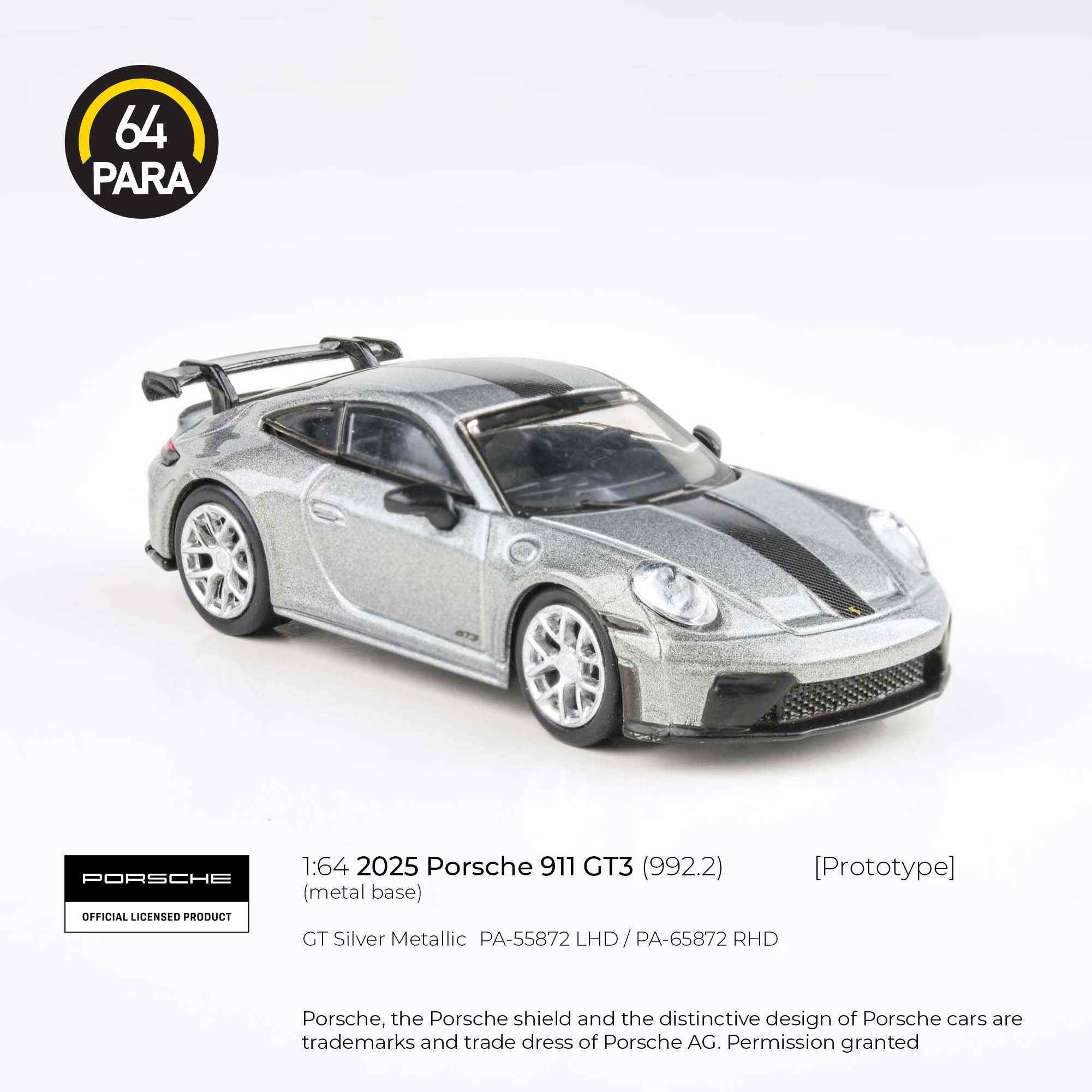 Para64 1/64 2025 Porsche 911 GT3 (992.2) GT Silver Metallic PA55872 Diecast Scale Model Car
