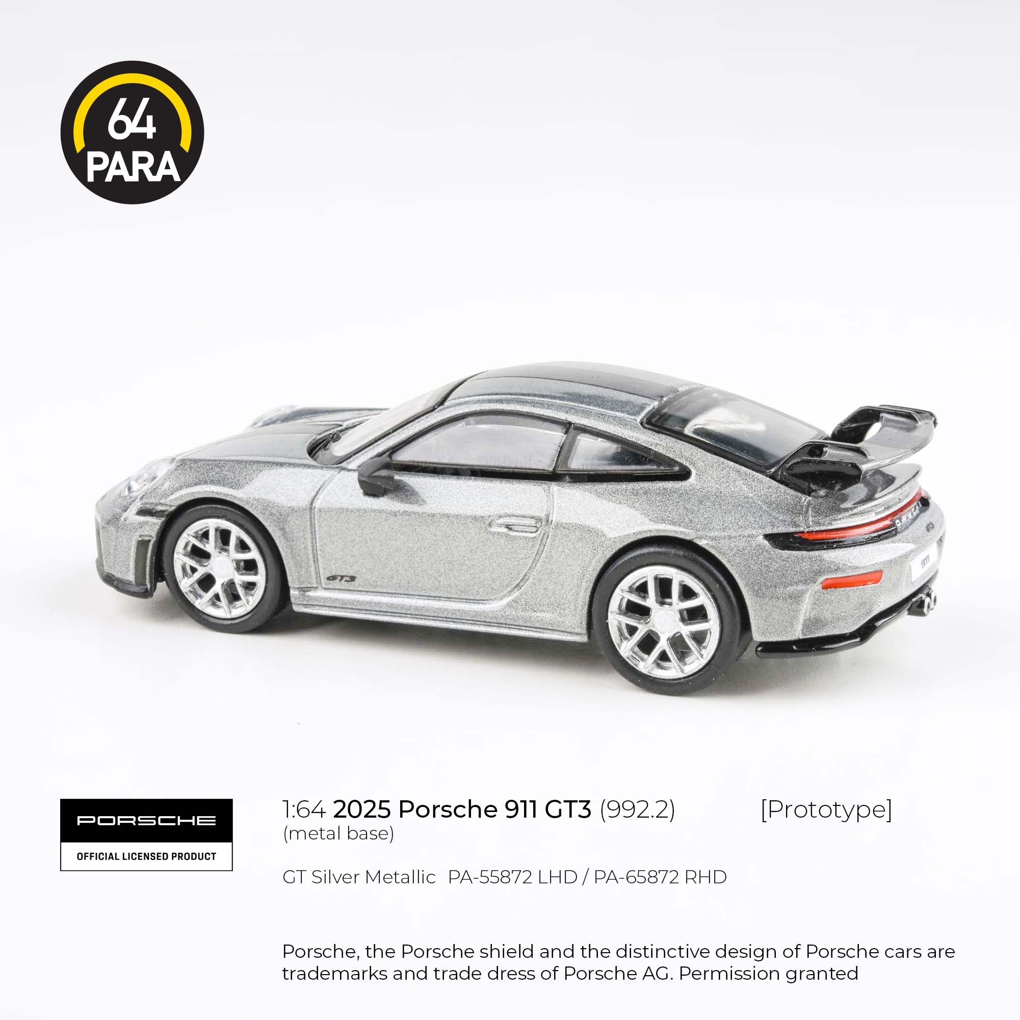 Para64 1/64 2025 Porsche 911 GT3 (992.2) GT Silver Metallic PA55872 Diecast Scale Model Car