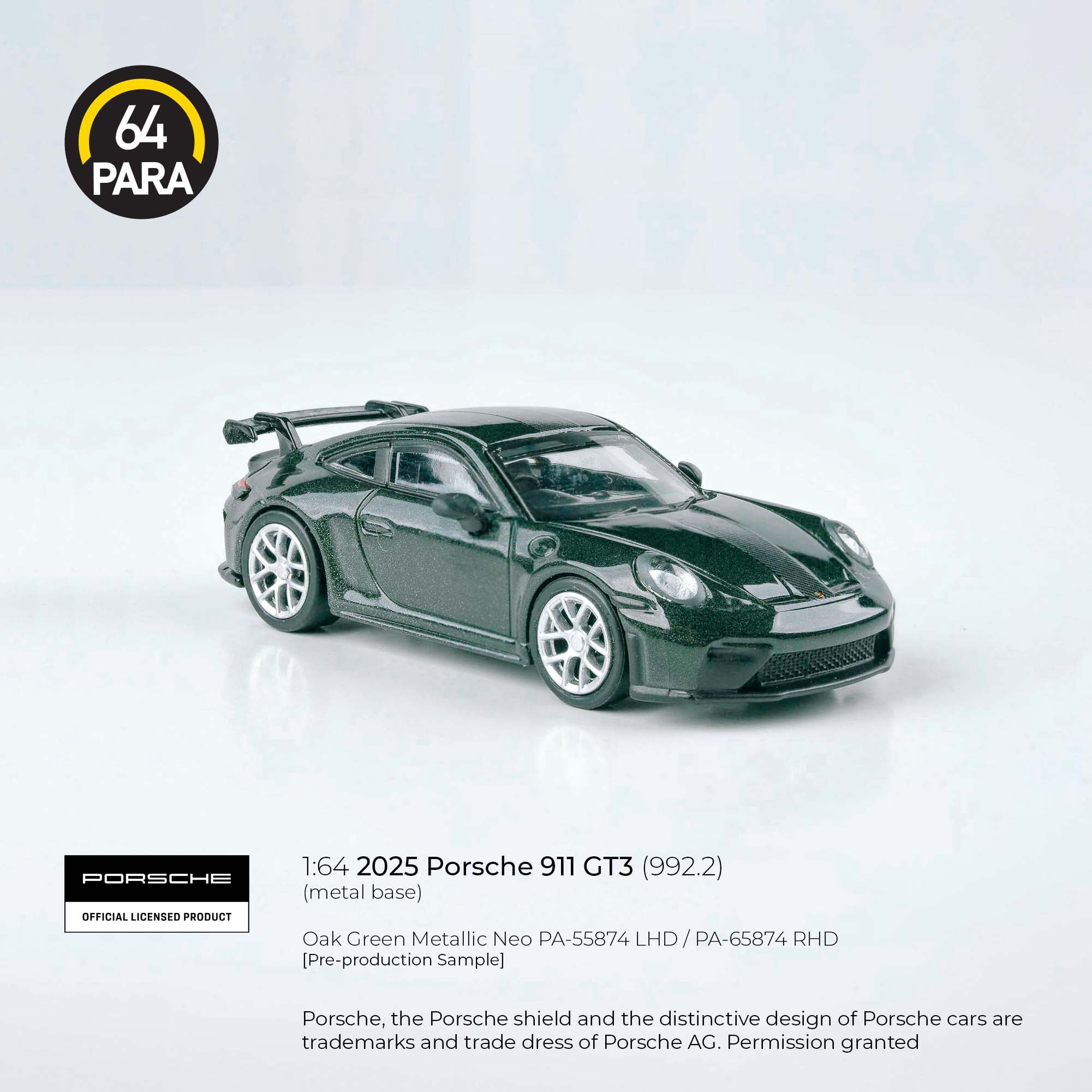 Para64 1/64 2025 Porsche 911 gt3 (992.2) Oak Green Metallic Neo PA55874 Diecast Scale Model Car