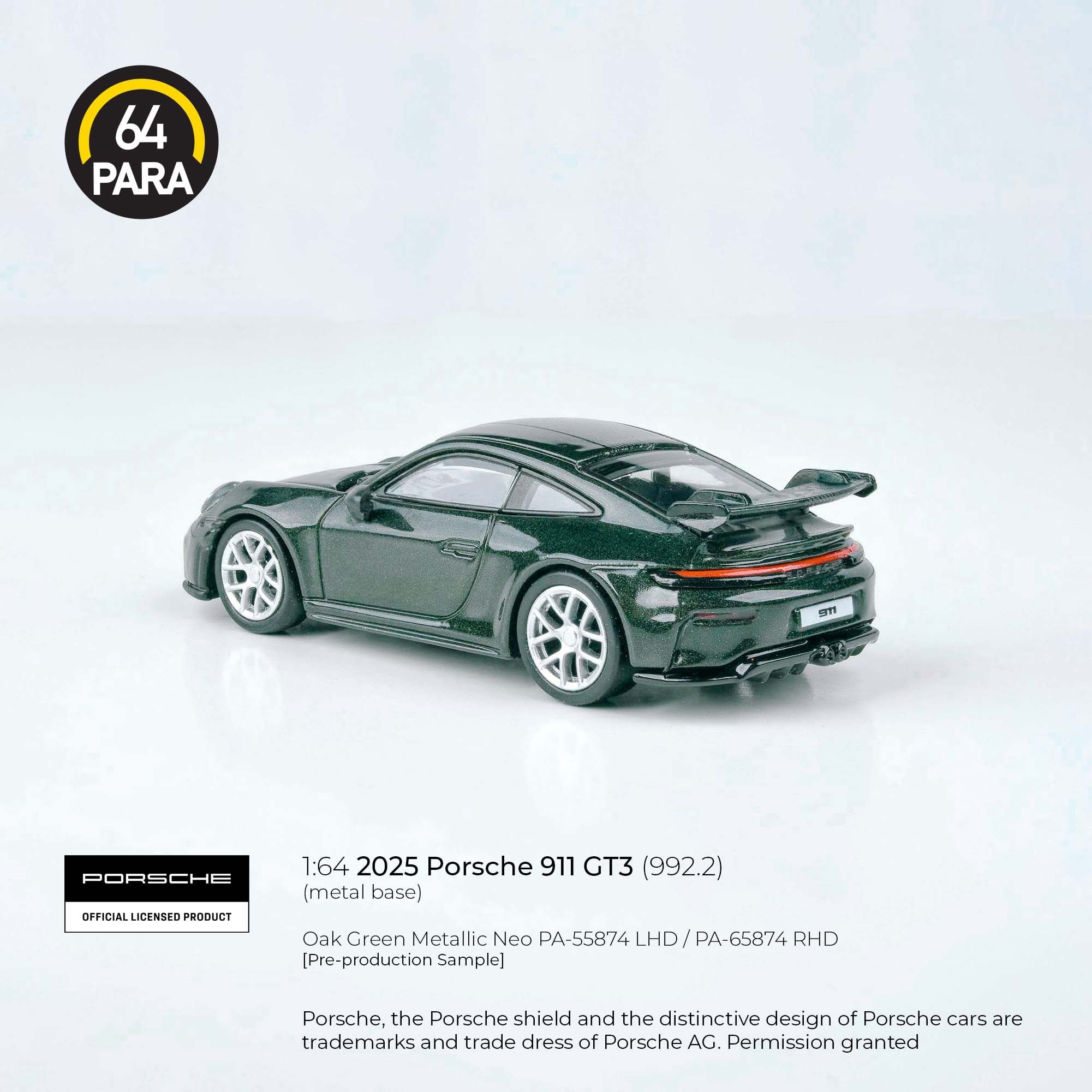 Para64 1/64 2025 Porsche 911 gt3 (992.2) Oak Green Metallic Neo PA55874 Diecast Scale Model Car