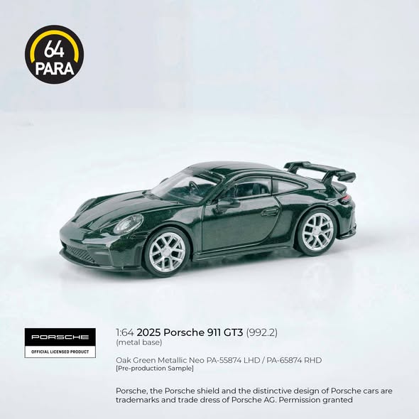 Para64 1/64 2025 Porsche 911 gt3 (992.2) Oak Green Metallic Neo PA55874 Diecast Scale Model Car