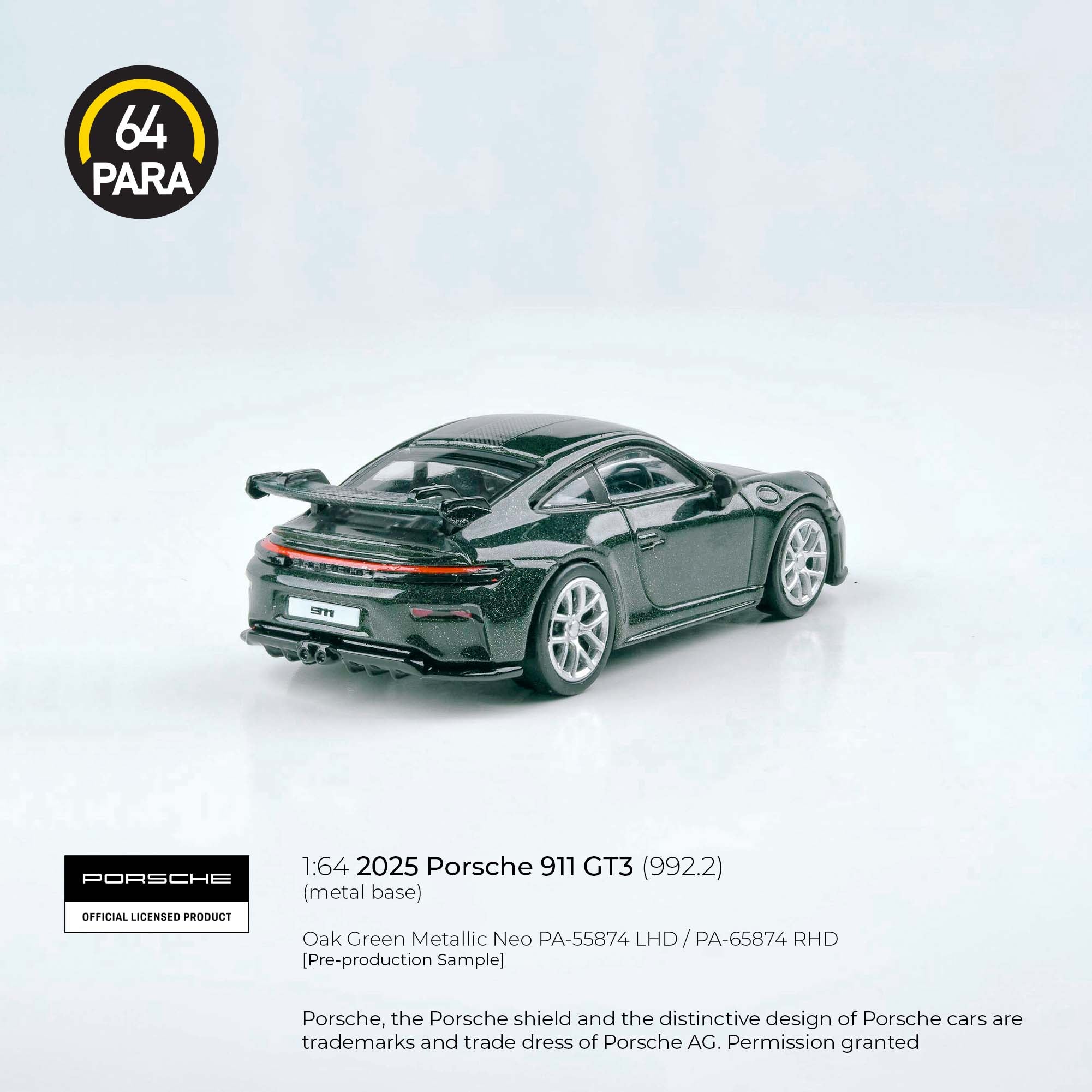 Para64 1/64 2025 Porsche 911 gt3 (992.2) Oak Green Metallic Neo PA55874 Diecast Scale Model Car