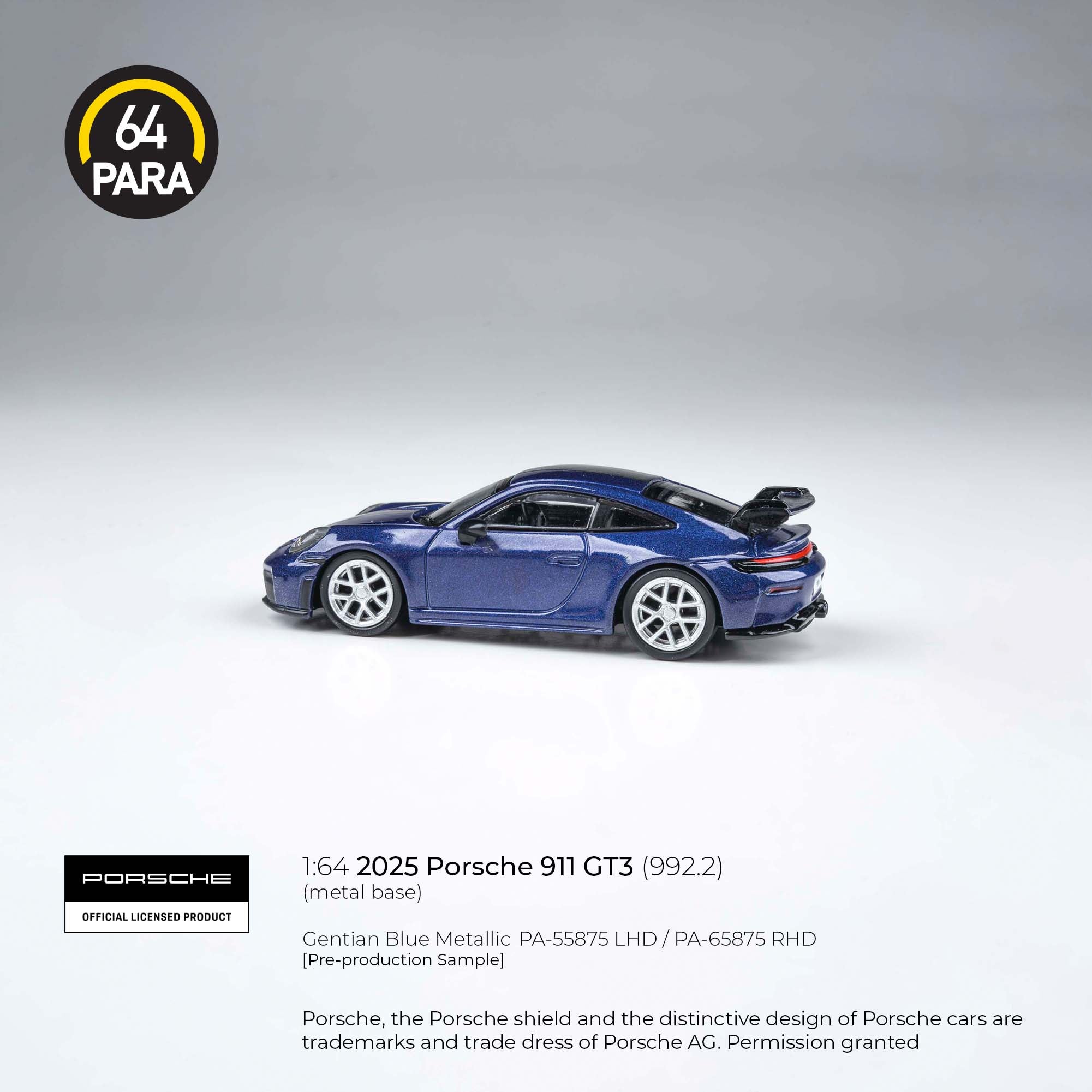 Para64 1/64 2025 Porsche 911 GT3 (992.2) Gentia Blue Metallic PA55875 Diecast Scale Model Car
