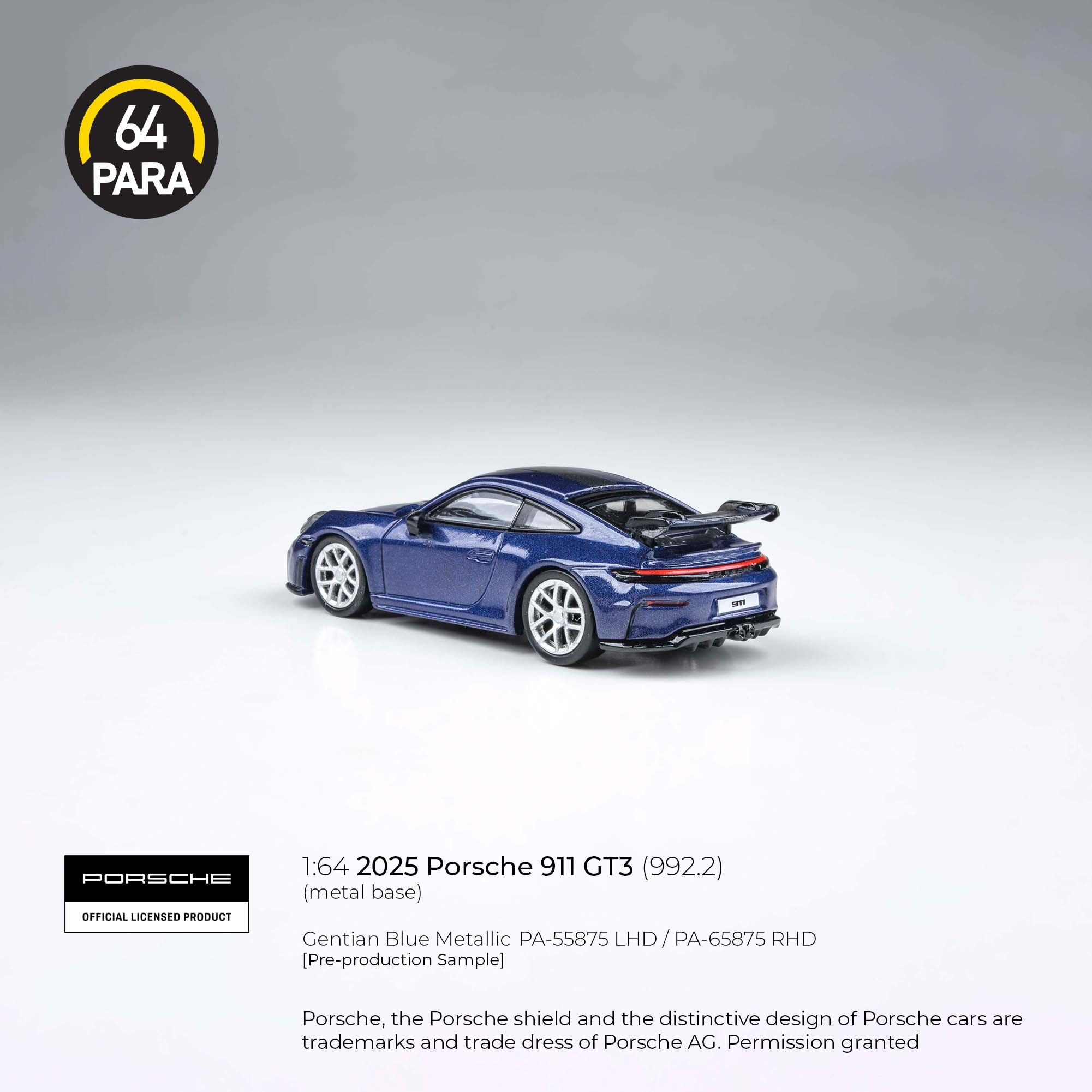 Para64 1/64 2025 Porsche 911 GT3 (992.2) Gentia Blue Metallic PA55875 Diecast Scale Model Car