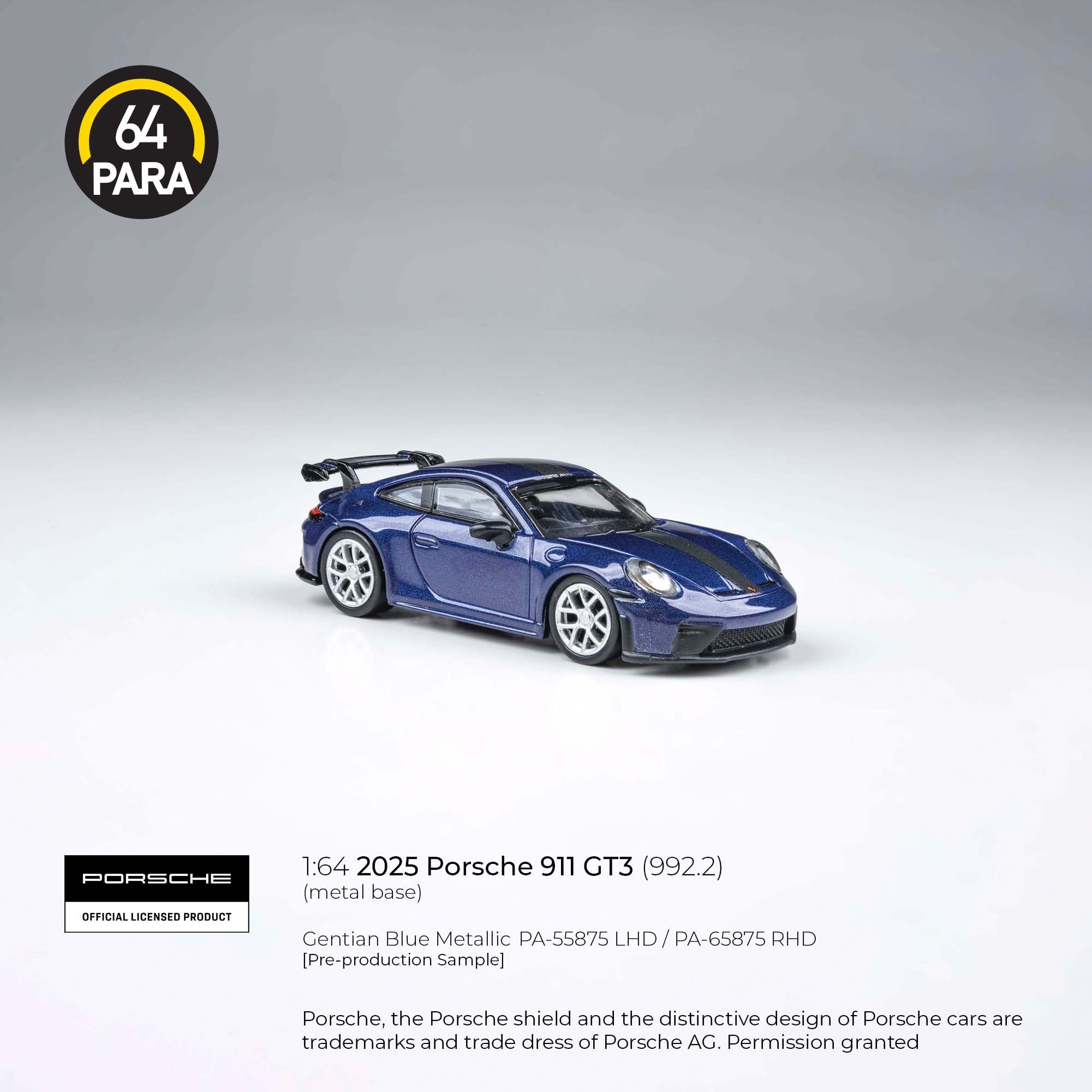Para64 1/64 2025 Porsche 911 GT3 (992.2) Gentia Blue Metallic PA55875 Diecast Scale Model Car