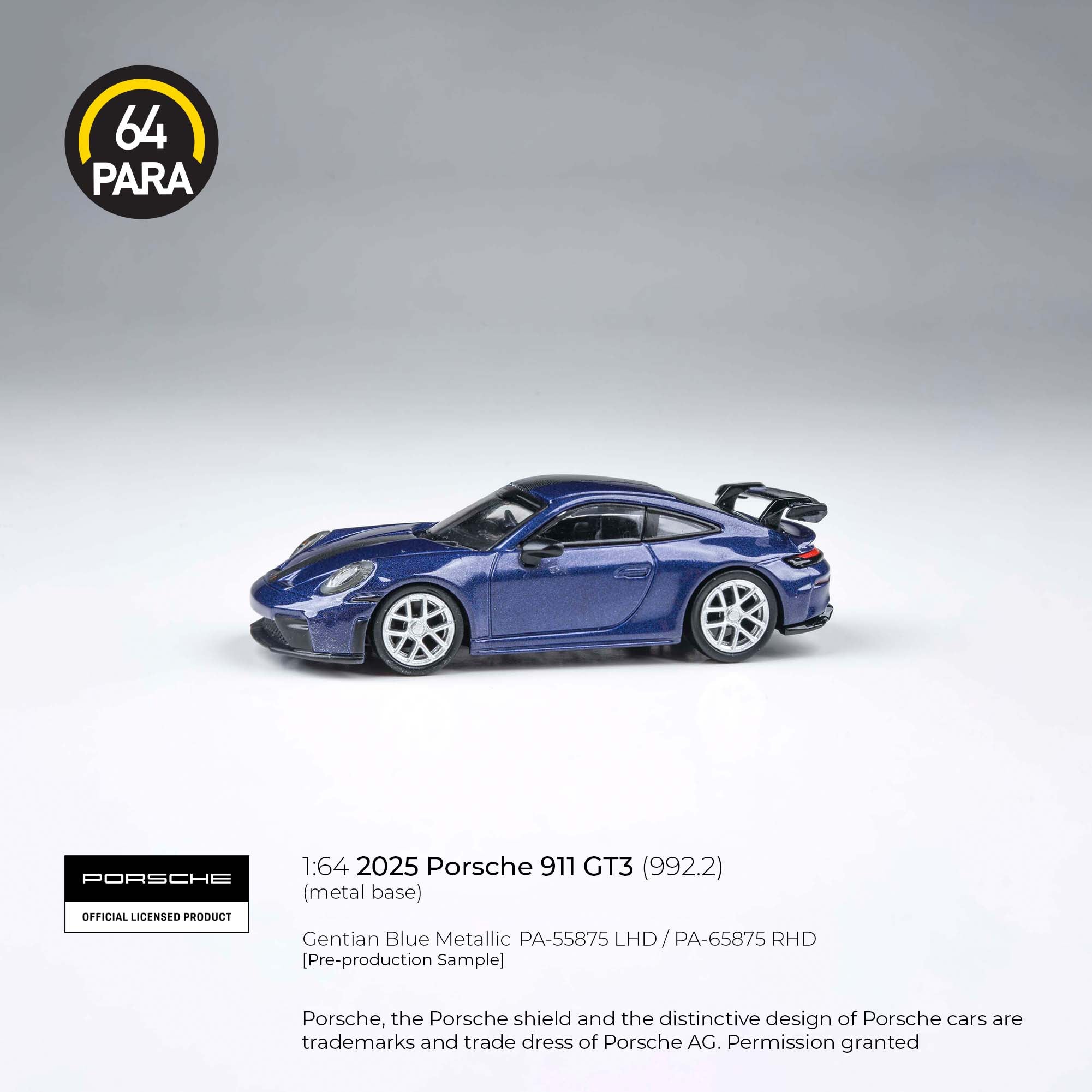 Para64 1/64 2025 Porsche 911 GT3 (992.2) Gentia Blue Metallic PA55875 Diecast Scale Model Car
