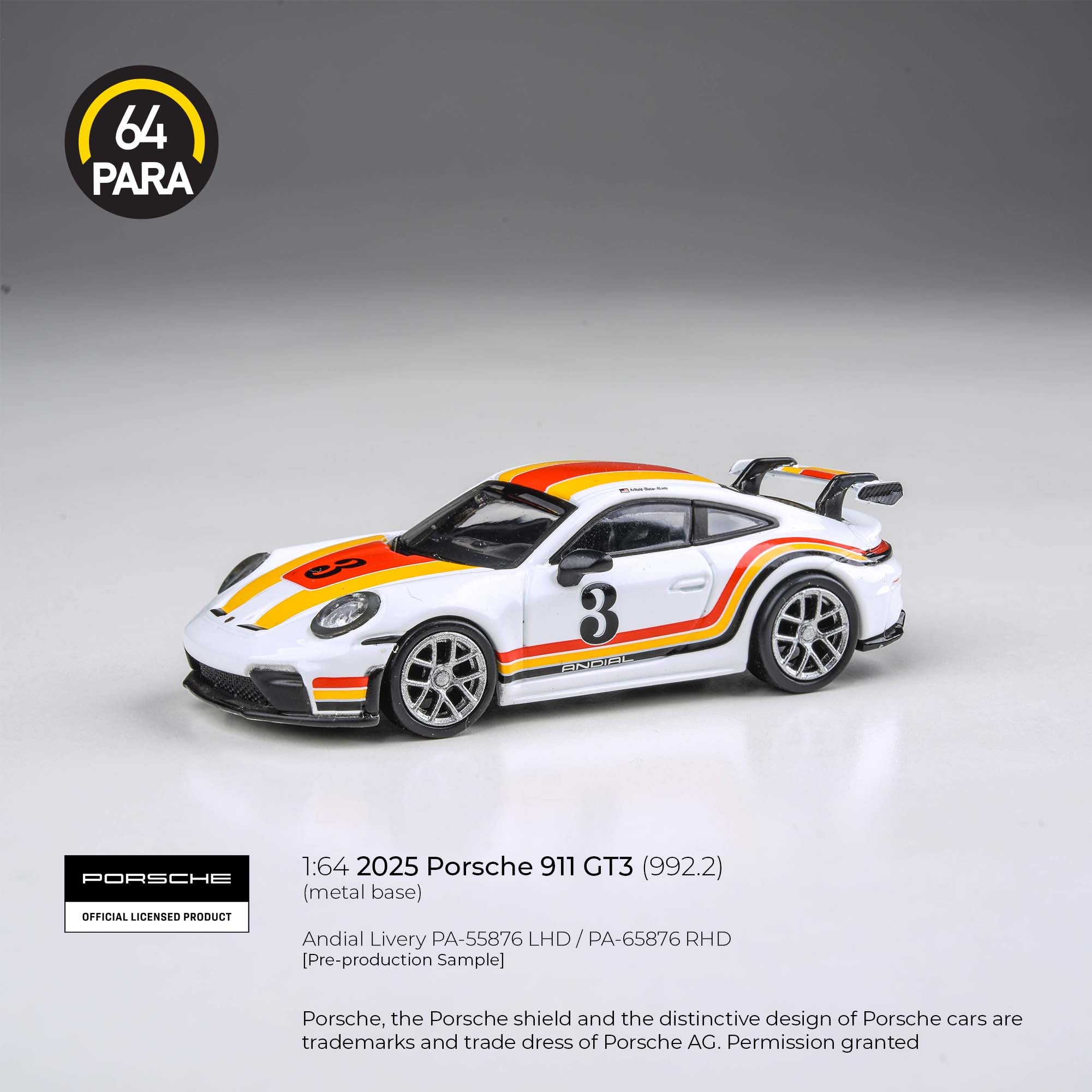 Para64 1/64 2025 Porsche 911 GT3 (992.2) Andial Livery PA55876 Diecast Scale Model Car