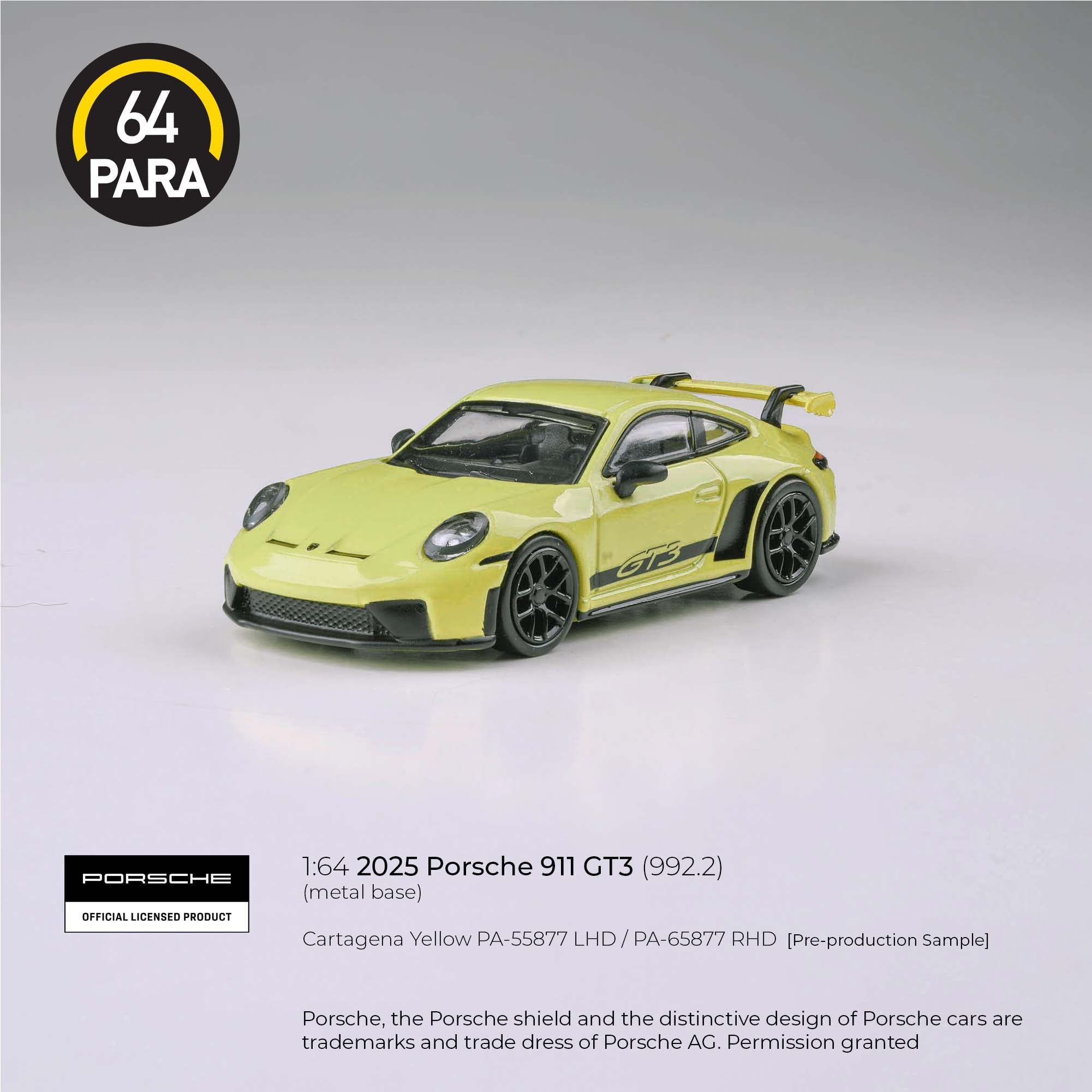 Para64 1/64 2025 Porsche 911 (992.2) Cartagena Yellow PA55877 Diecast Scale Model Car