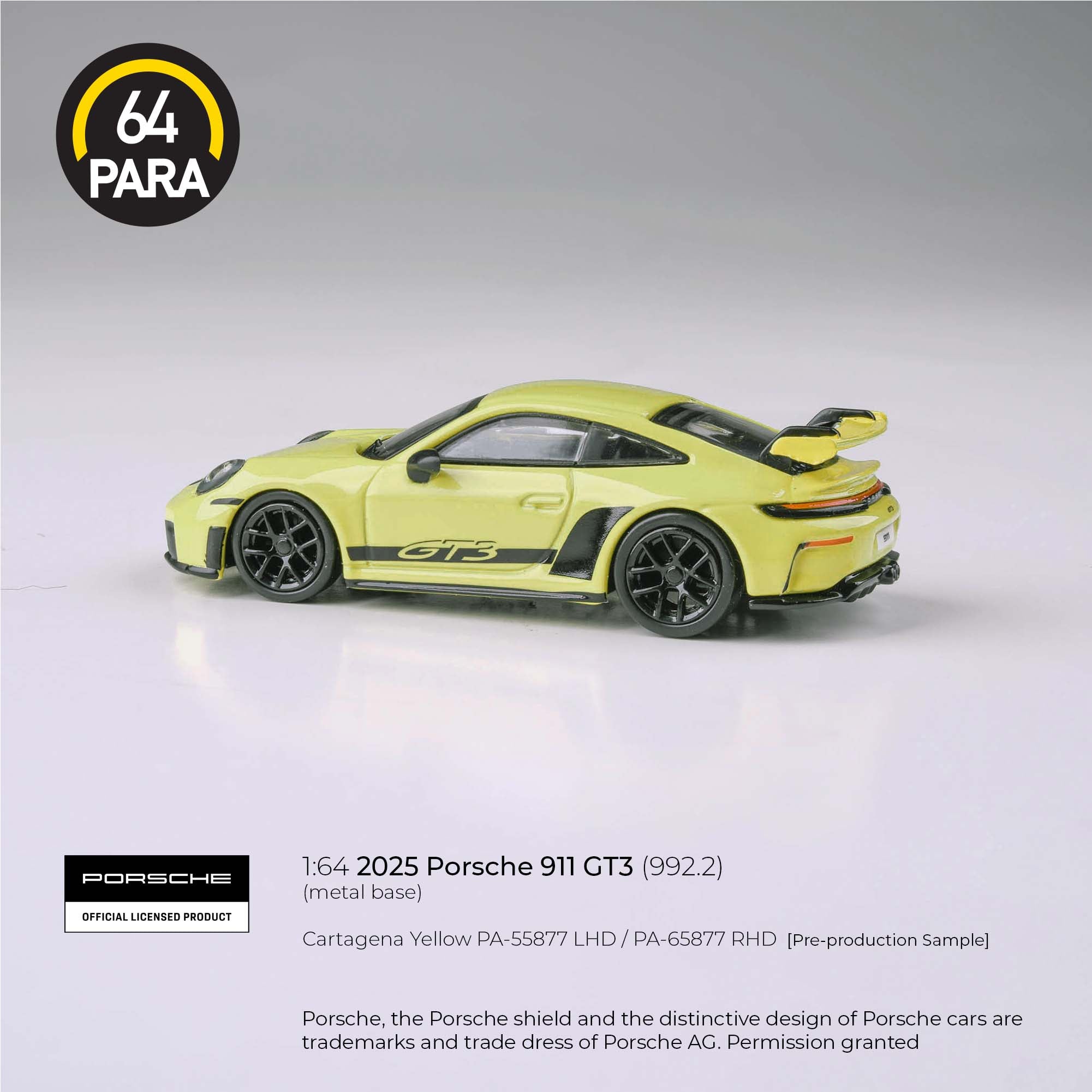 Para64 1/64 2025 Porsche 911 (992.2) Cartagena Yellow PA55877 Diecast Scale Model Car