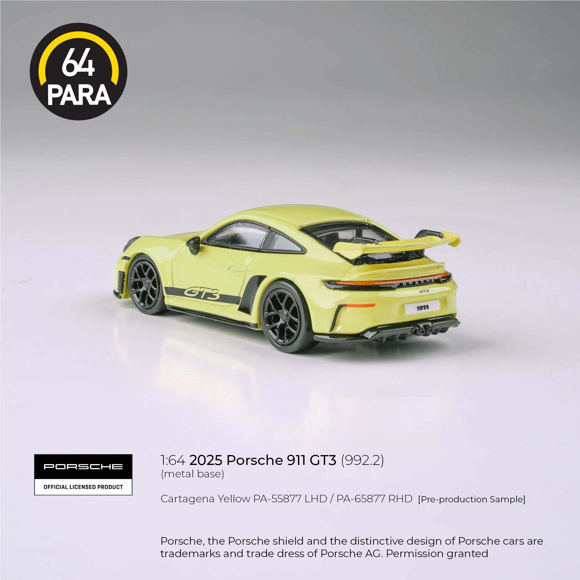 Para64 1/64 2025 Porsche 911 (992.2) Cartagena Yellow PA55877 Diecast Scale Model Car