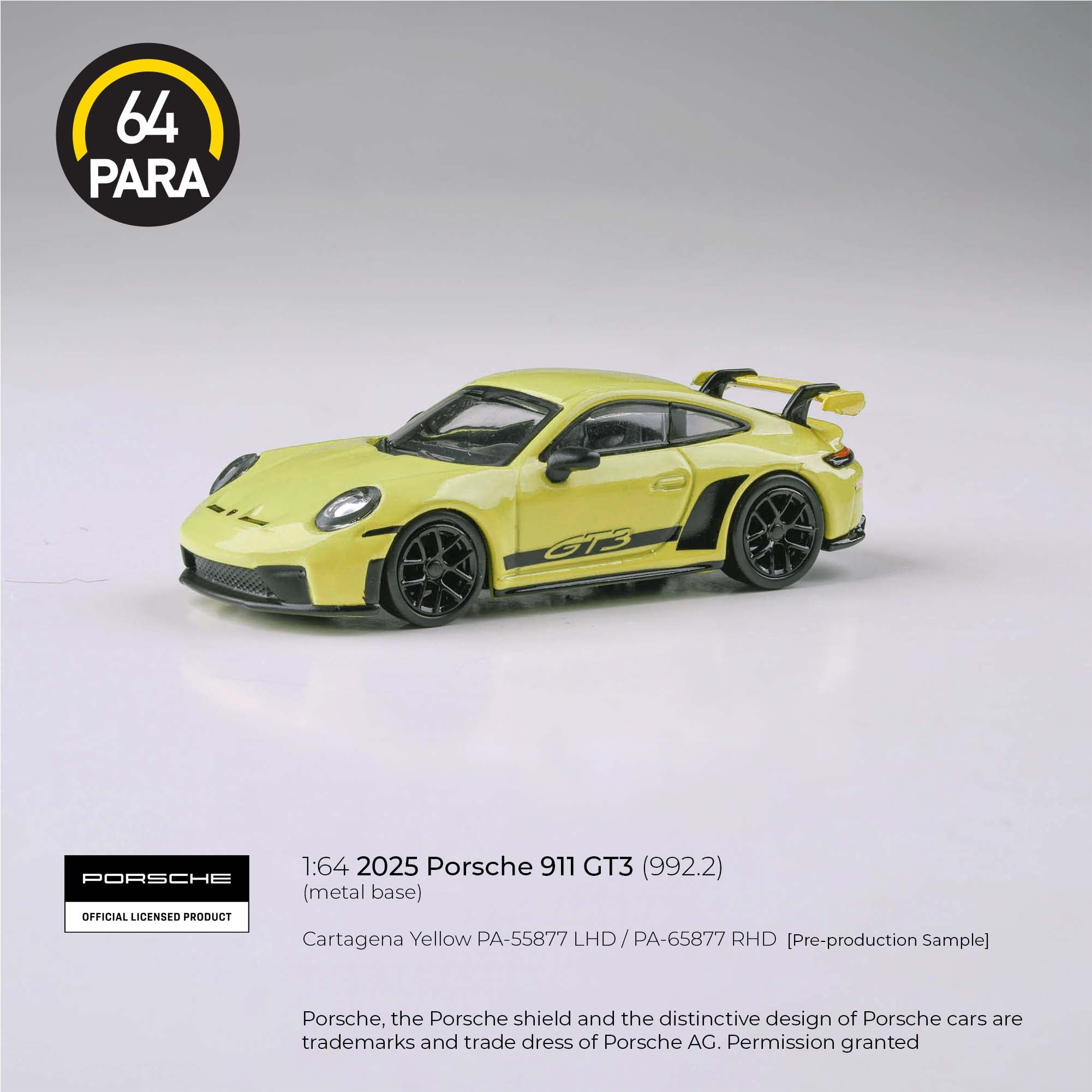 Para64 1/64 2025 Porsche 911 (992.2) Cartagena Yellow PA55877 Diecast Scale Model Car