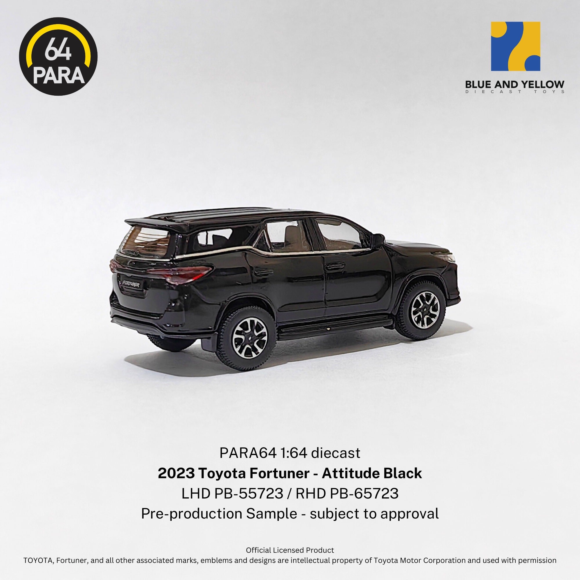 Para64 x Blue and Yellow 1/64 Toyota Fortuner LTD Attitude Black PB65723 RELEASE RHD Diecast Scale Model