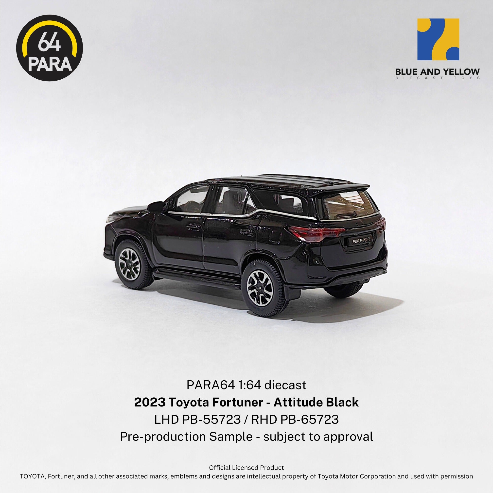 Para64 x Blue and Yellow 1/64 Toyota Fortuner LTD Attitude Black PB65723 RELEASE RHD Diecast Scale Model