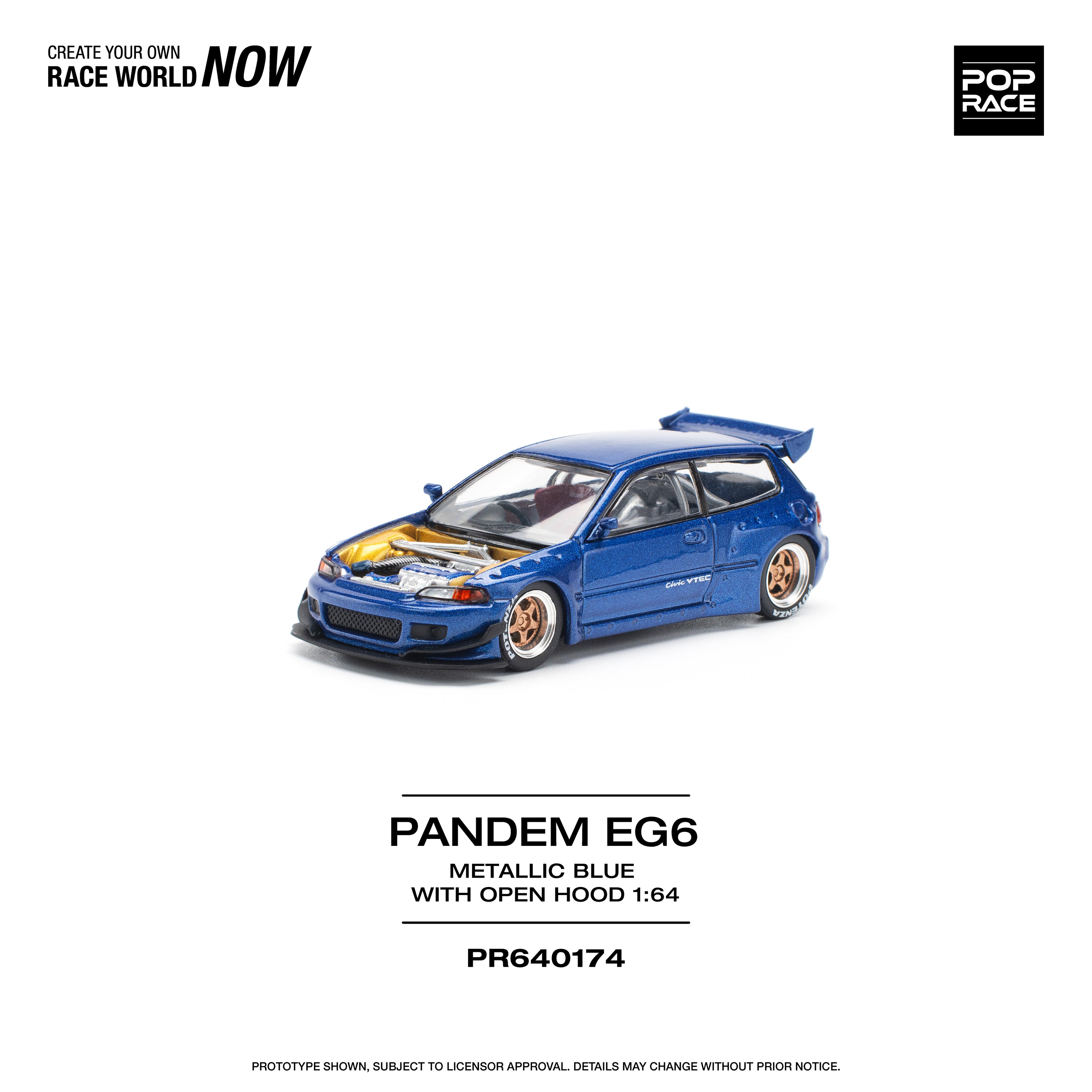 Pop Race 1/64 PANDEM EG6 Metallic Blue with Open Hood PR640174 Diecast Scale Model