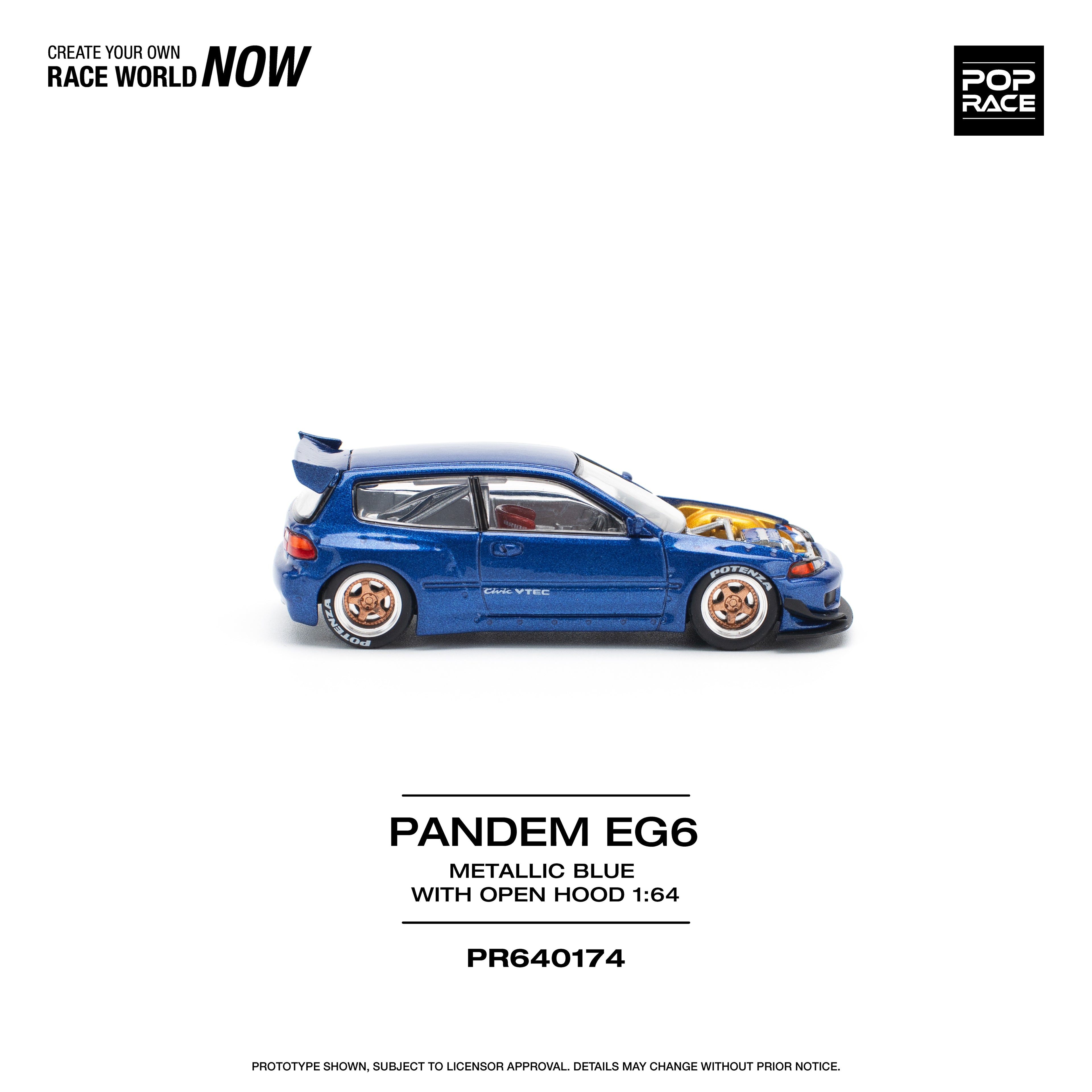 Pop Race 1/64 PANDEM EG6 Metallic Blue with Open Hood PR640174 Diecast Scale Model